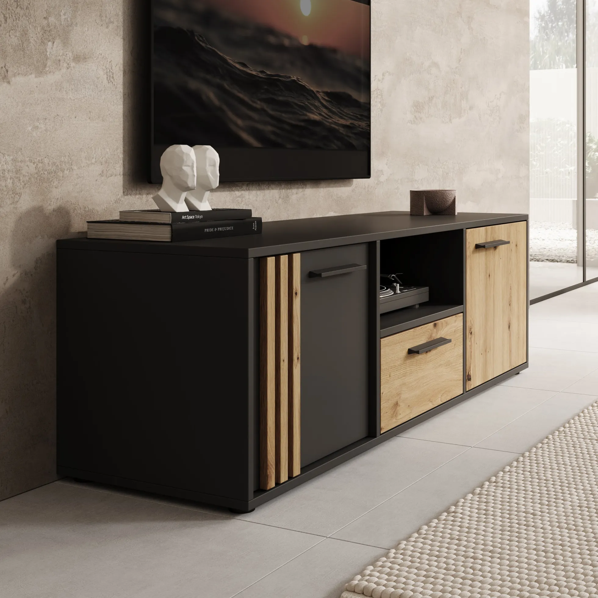 Clover - TV-Meubel - Eiken/Zwart - 143x42x44 cm