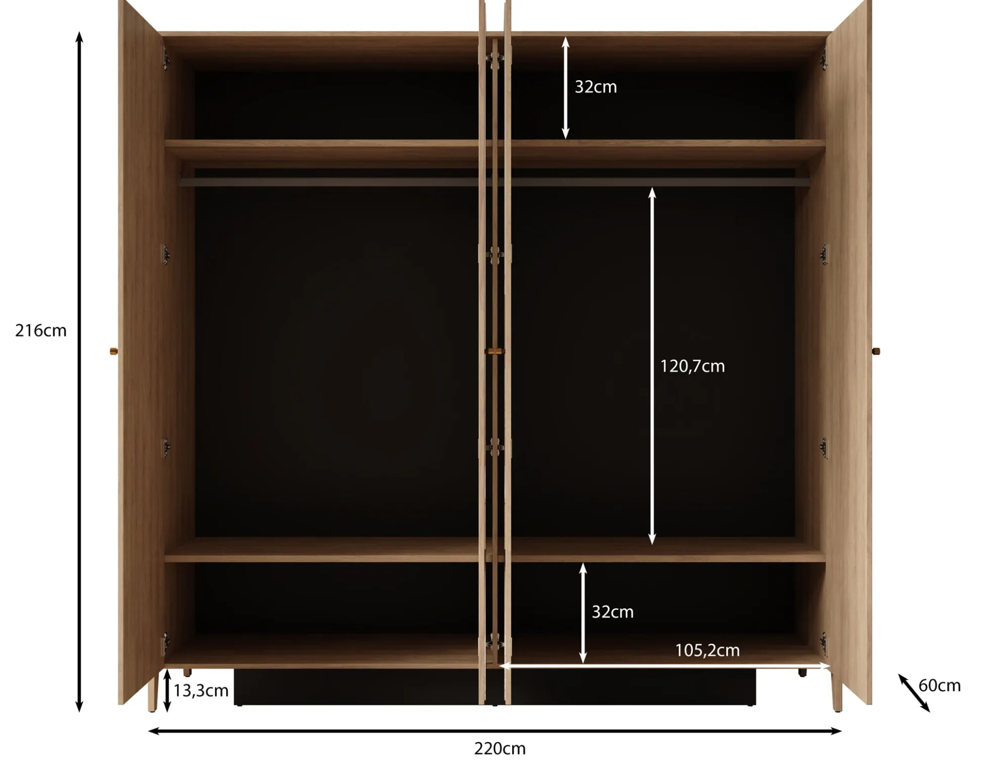 Cody - Kledingkast 4-deurs - Eiken - 220x60x216 cm