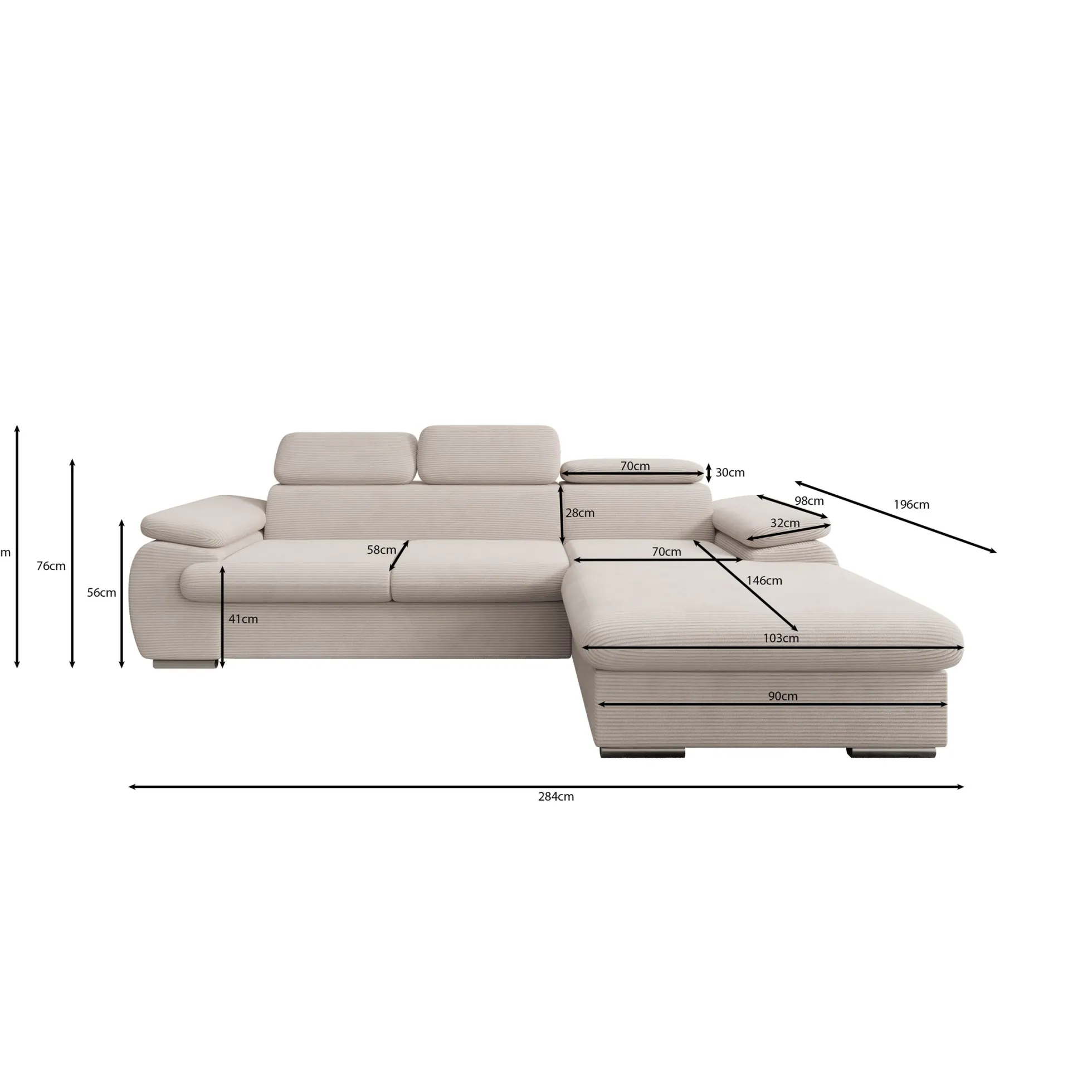 Cordoba - Hoekbank 3-zits met chaise longue - Ribstof grijs - Rechts