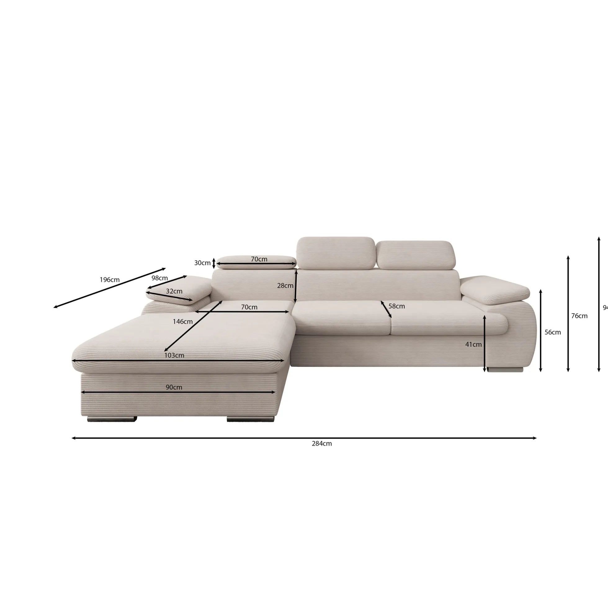 Cordoba - Hoekbank 3-zits met chaise longue - Ribstof grijs - Links