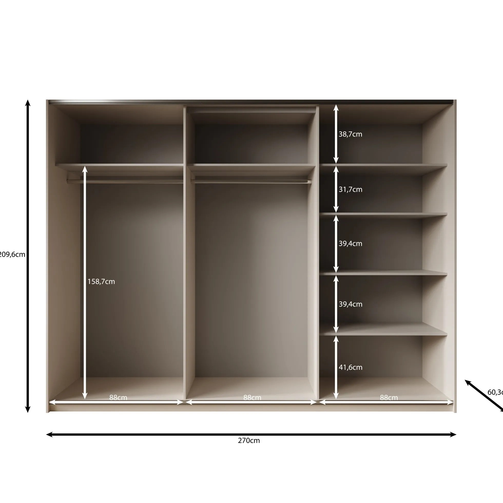 Cotto - Kledingkast met schuifdeuren - Beige - 270x60x210 cm