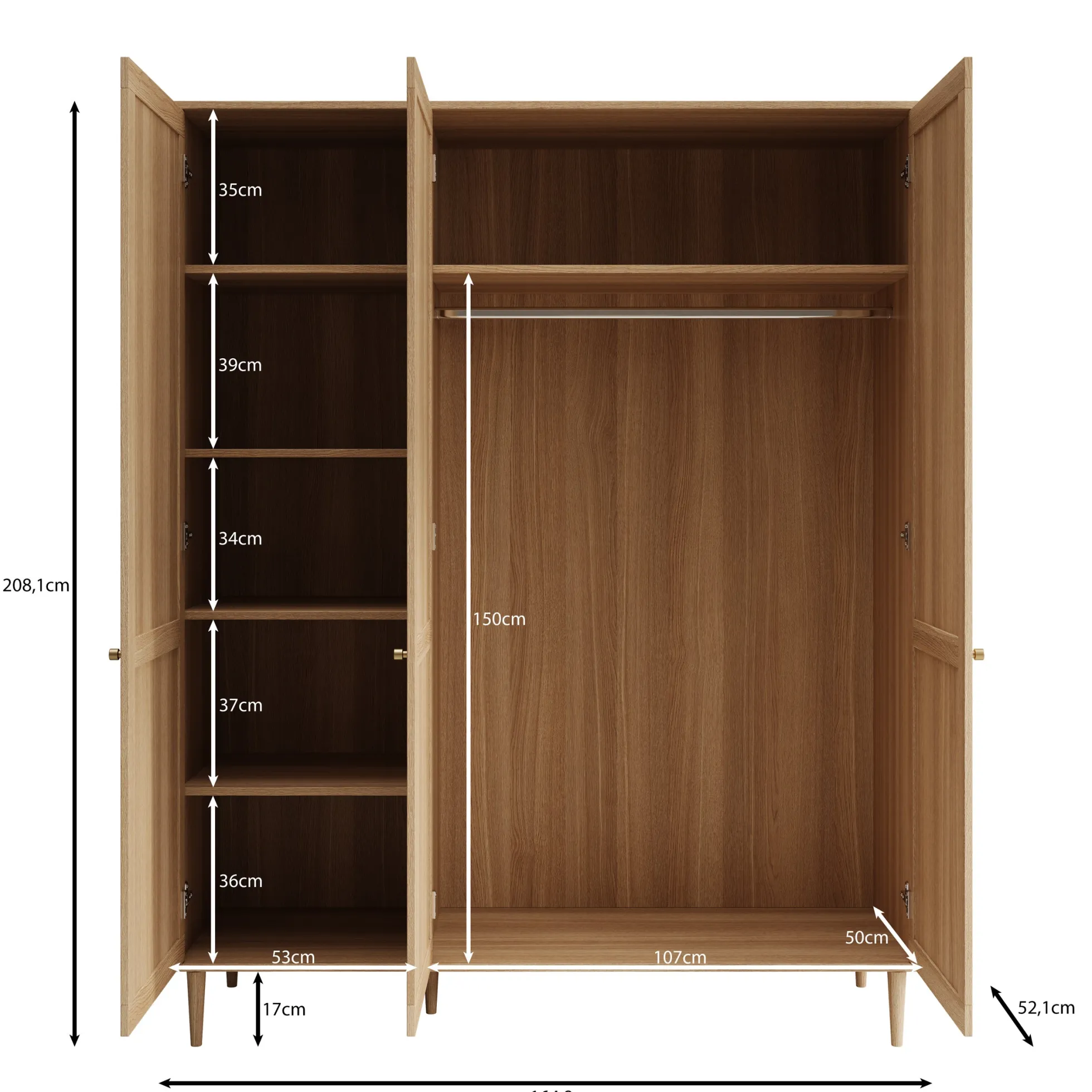 Crimson - Kledingkast met 3 deuren - Eiken - 165x52x208 cm