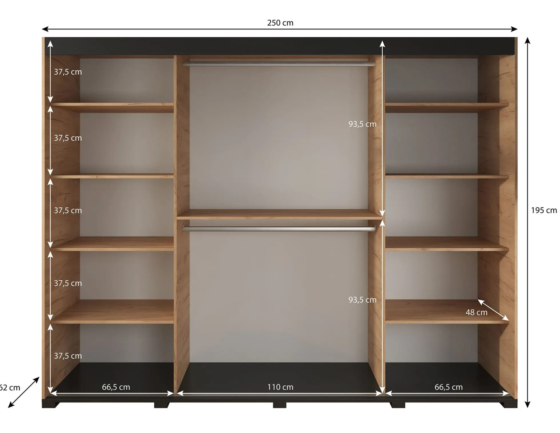 Crown - Kledingkast met schuifdeuren - Eiken - 250x62x195 cm