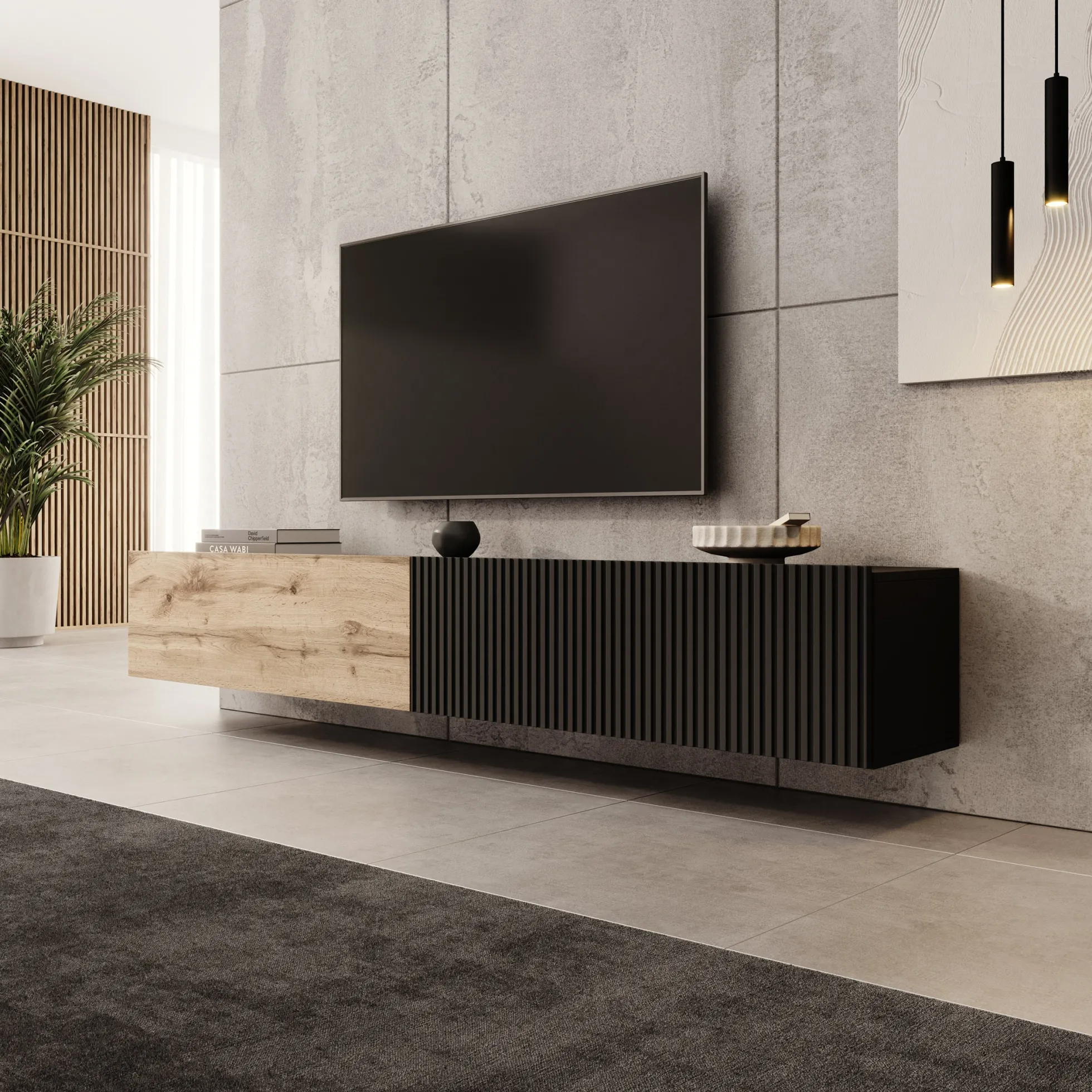 Cruzar - TV-Meubel - Zwart/Eiken - 200x30x31 cm