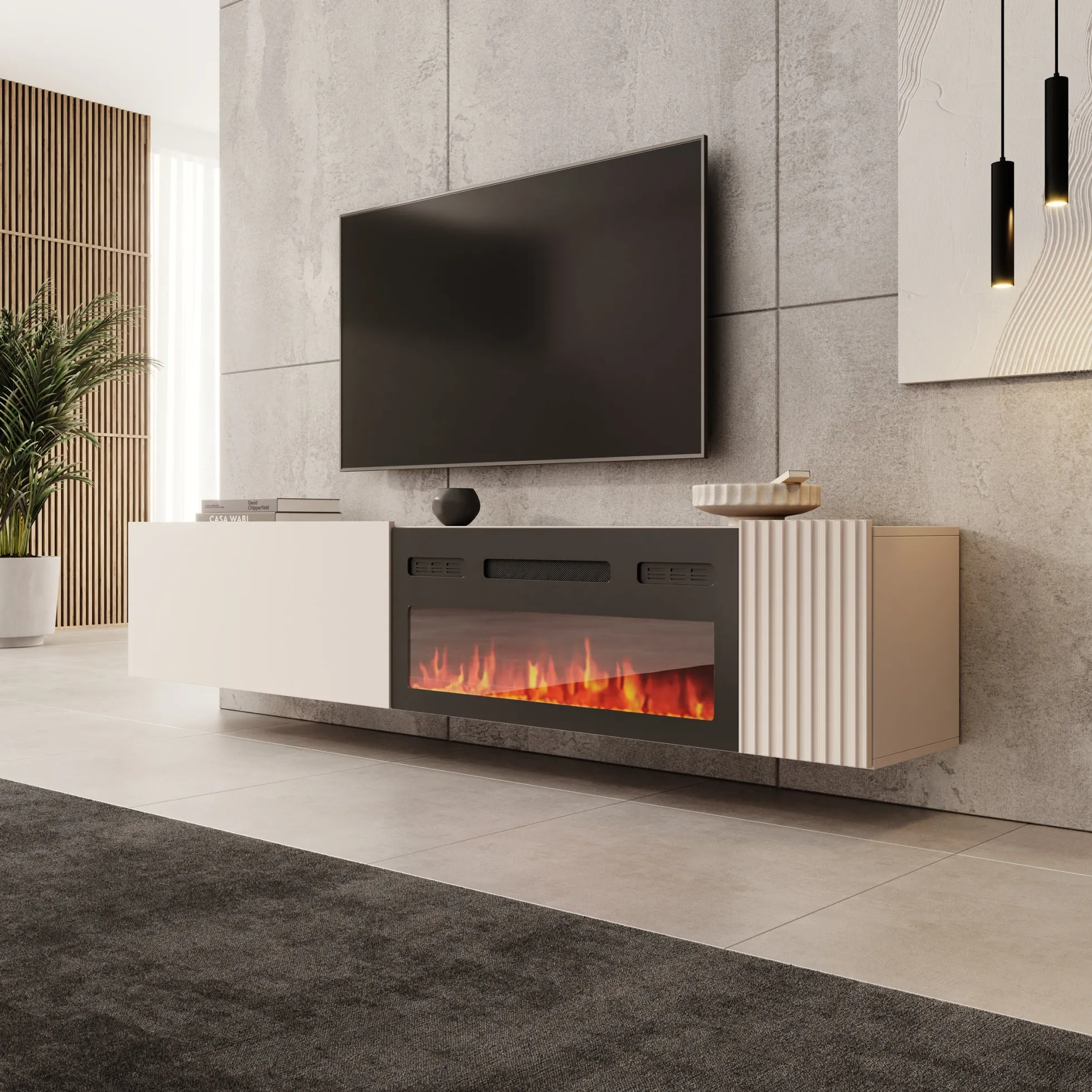 Cruzar - TV-Meubel met sfeerhaard - Beige - 200x30x38 cm