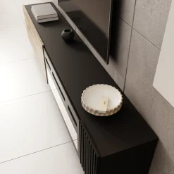 Cruzar - TV-Meubel met sfeerhaard - Zwart/Eikenlook - 200x30x38 cm