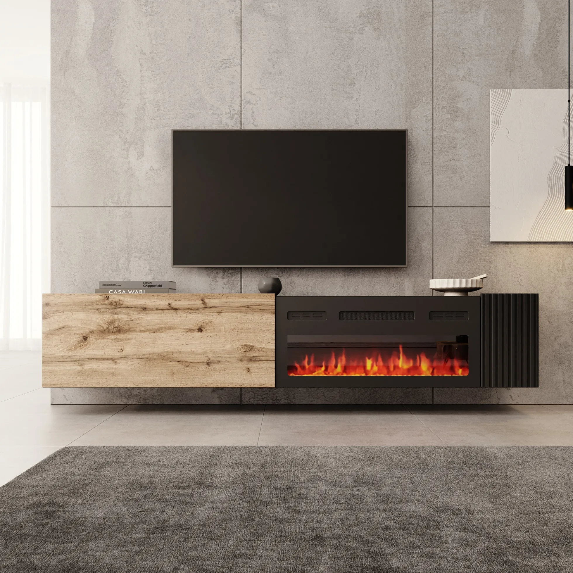 Cruzar - TV-Meubel met sfeerhaard - Zwart/Eikenlook - 200x30x38 cm