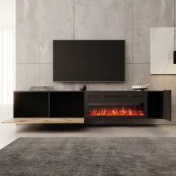 Cruzar - TV-Meubel met sfeerhaard - Zwart/Eikenlook - 200x30x38 cm