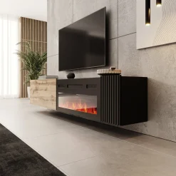 Cruzar - TV-Meubel met sfeerhaard - Zwart/Eikenlook - 200x30x38 cm