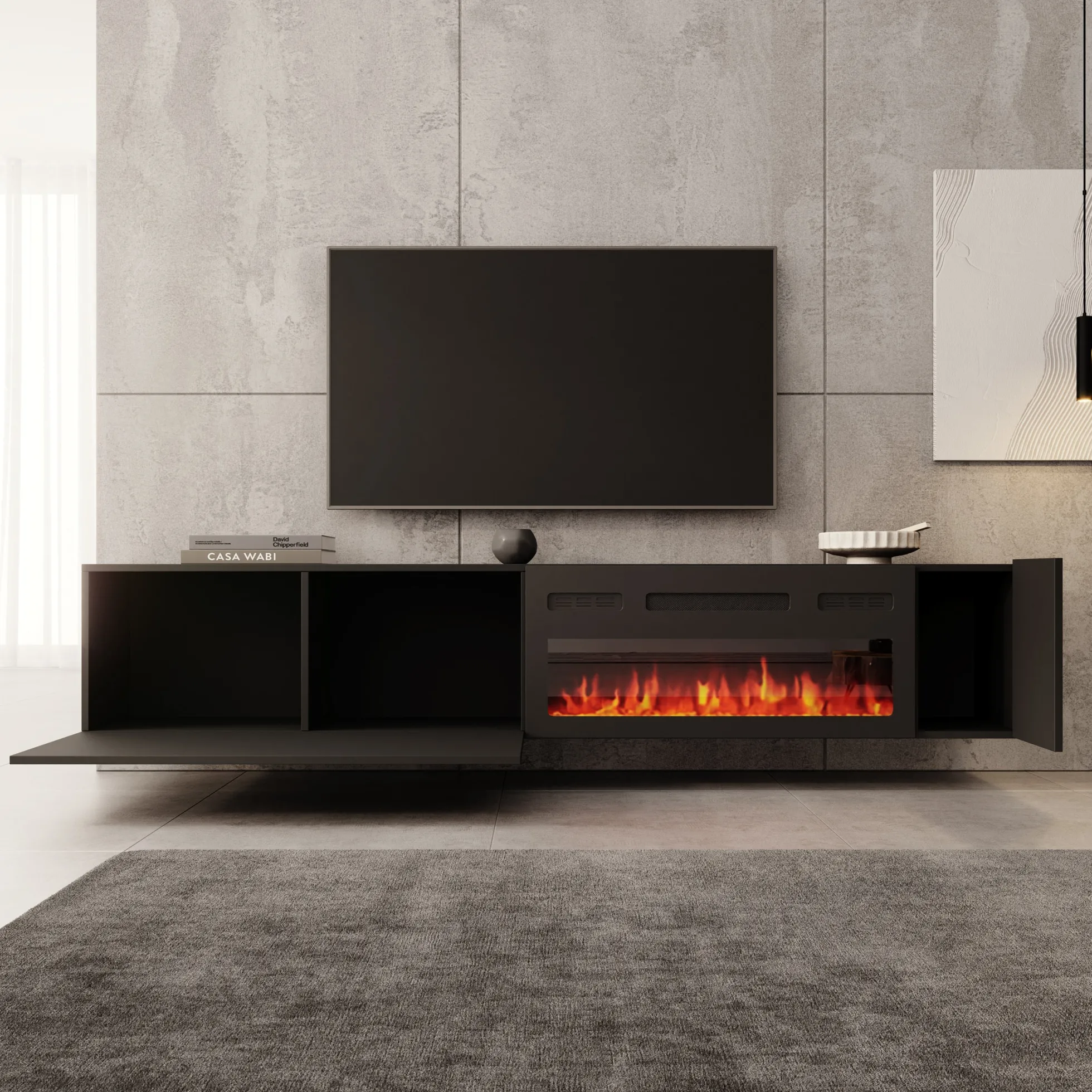 Cruzar - TV-Meubel met sfeerhaard - Zwart - 200x30x38 cm
