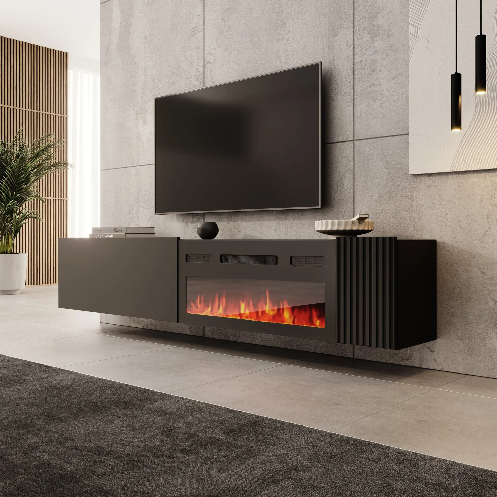 Cruzar - TV-Meubel met sfeerhaard - Zwart - 200x30x38 cm