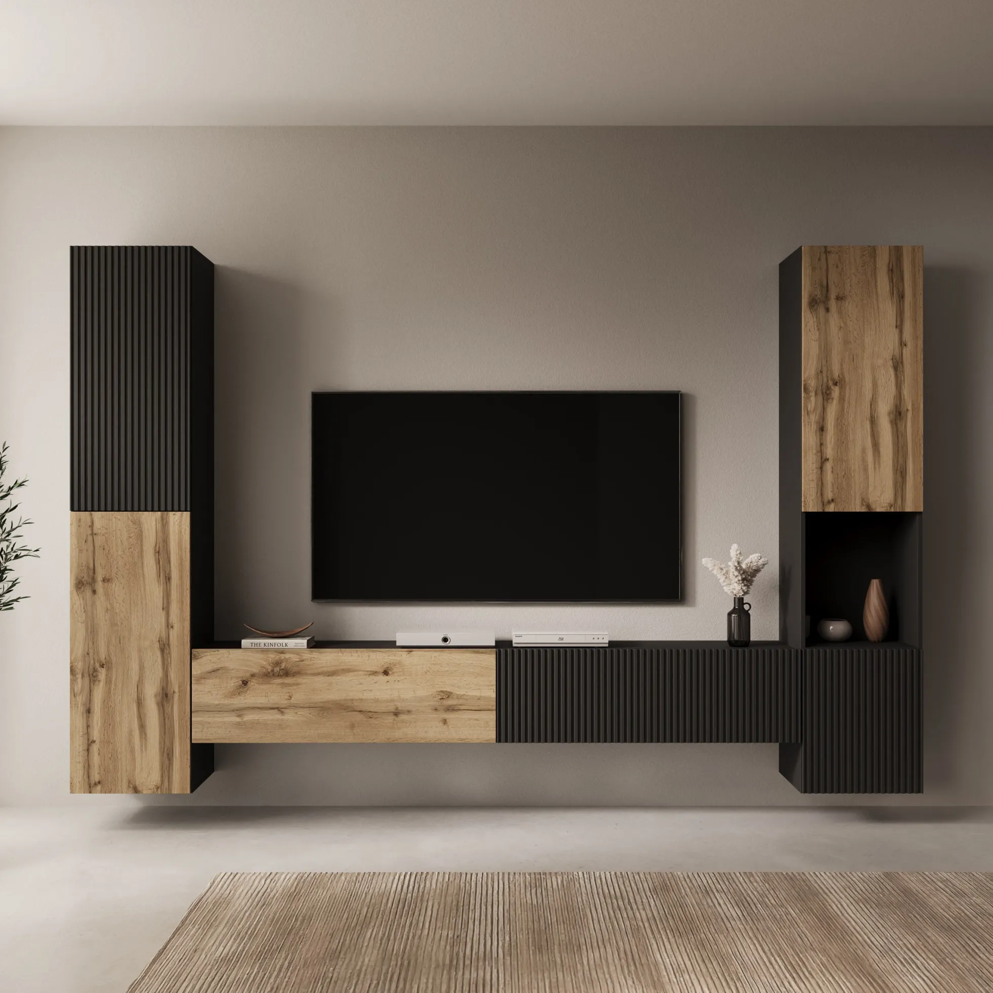 Cruzar - Wandmeubel - Zwart/Eiken - 280x30x180 cm