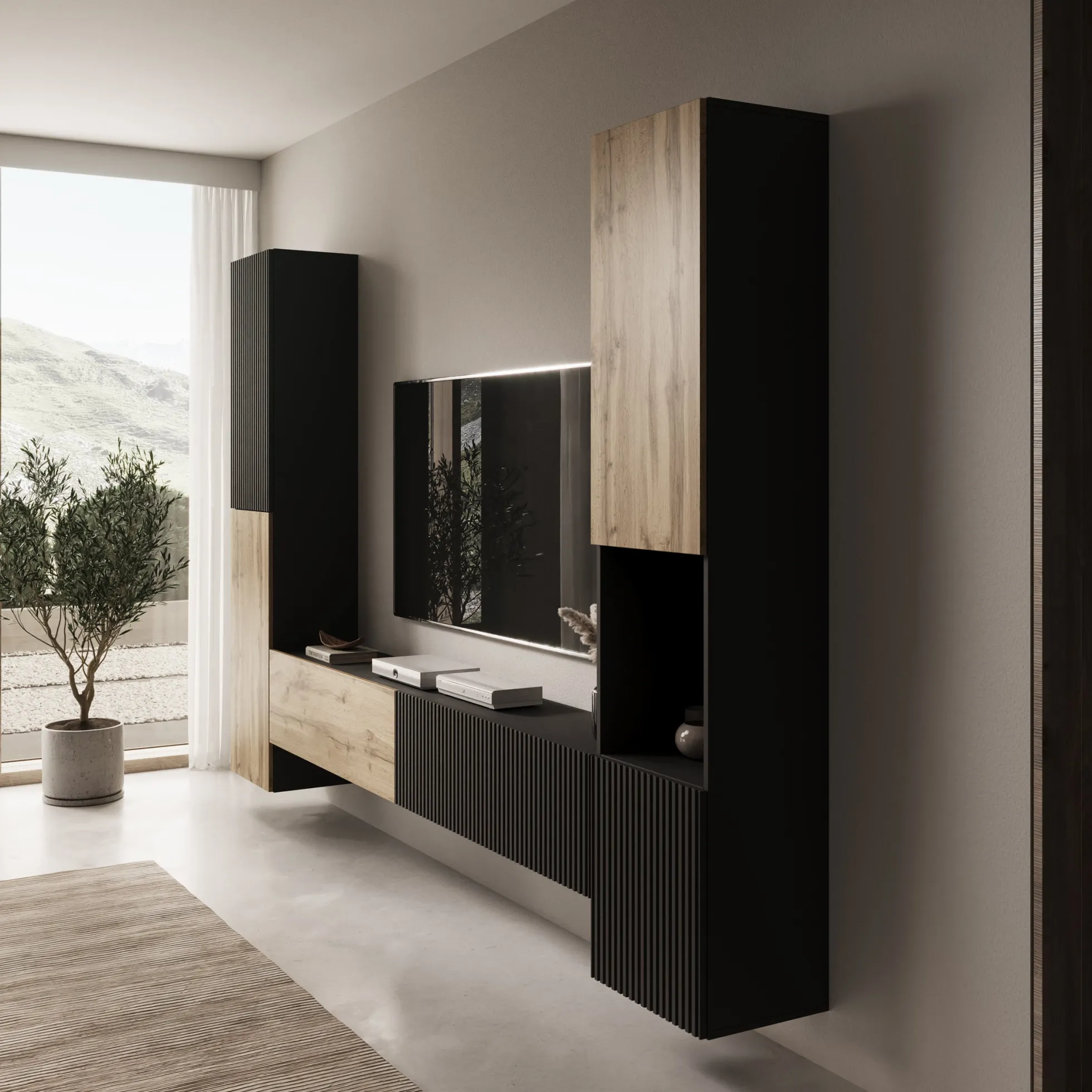 Cruzar - Wandmeubel - Zwart/Eiken - 280x30x180 cm