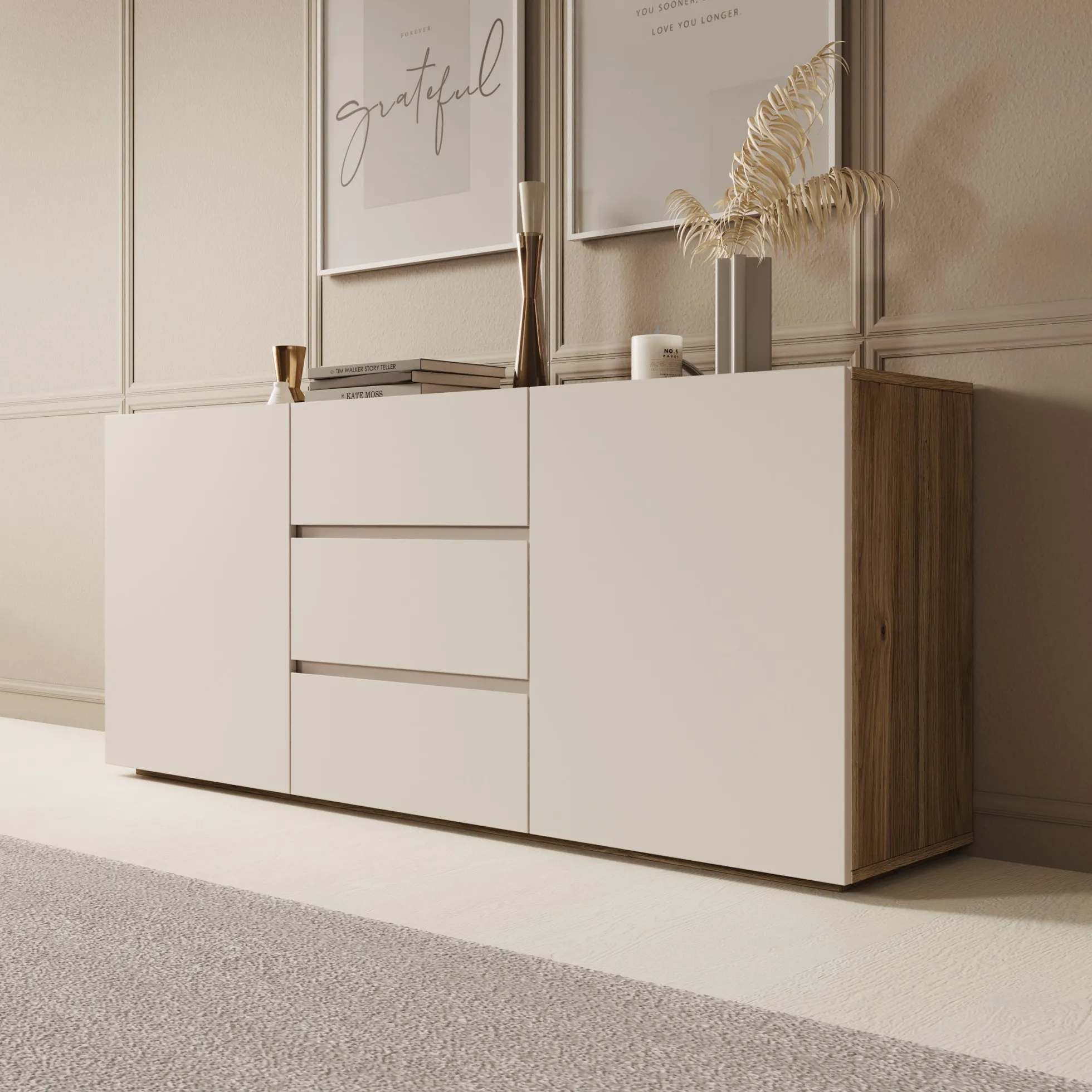Cumi - Dressoir - Beige/Eikenpatroon - 150x34x64 cm