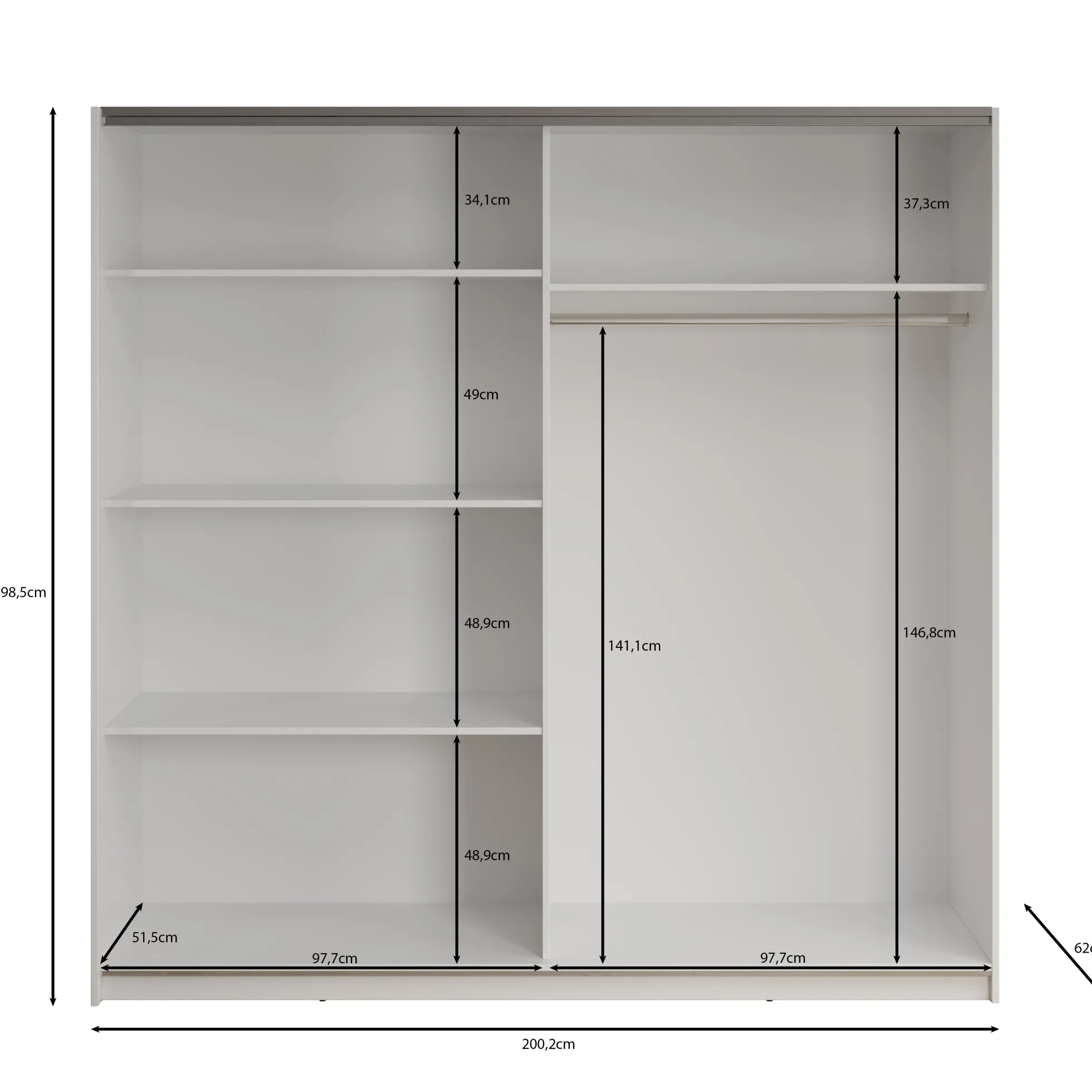 Deliryon - Kledingkast met schuifdeuren - Wit - 200x62x199 cm