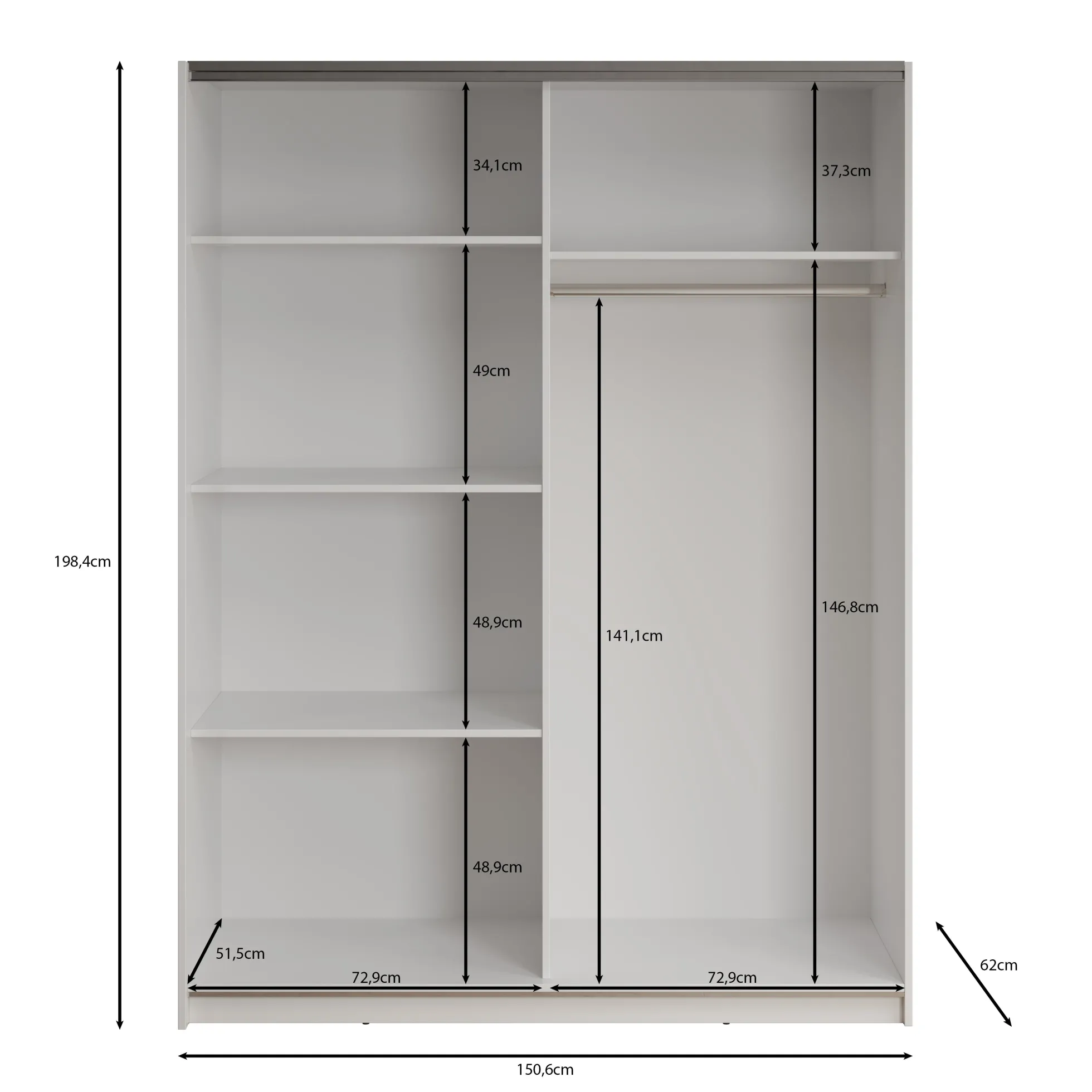 Deliryon - Kledingkast met schuifdeuren - Wit - 151x62x198 cm