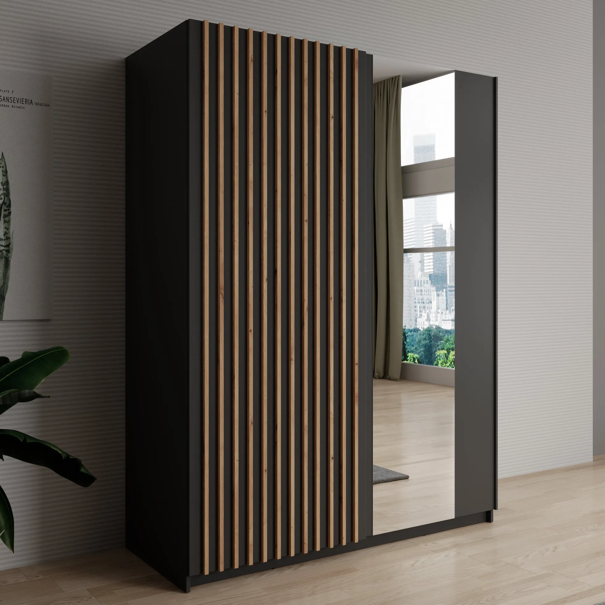 Deliryon - Kledingkast met schuifdeuren - Zwart - 151x62x198 cm