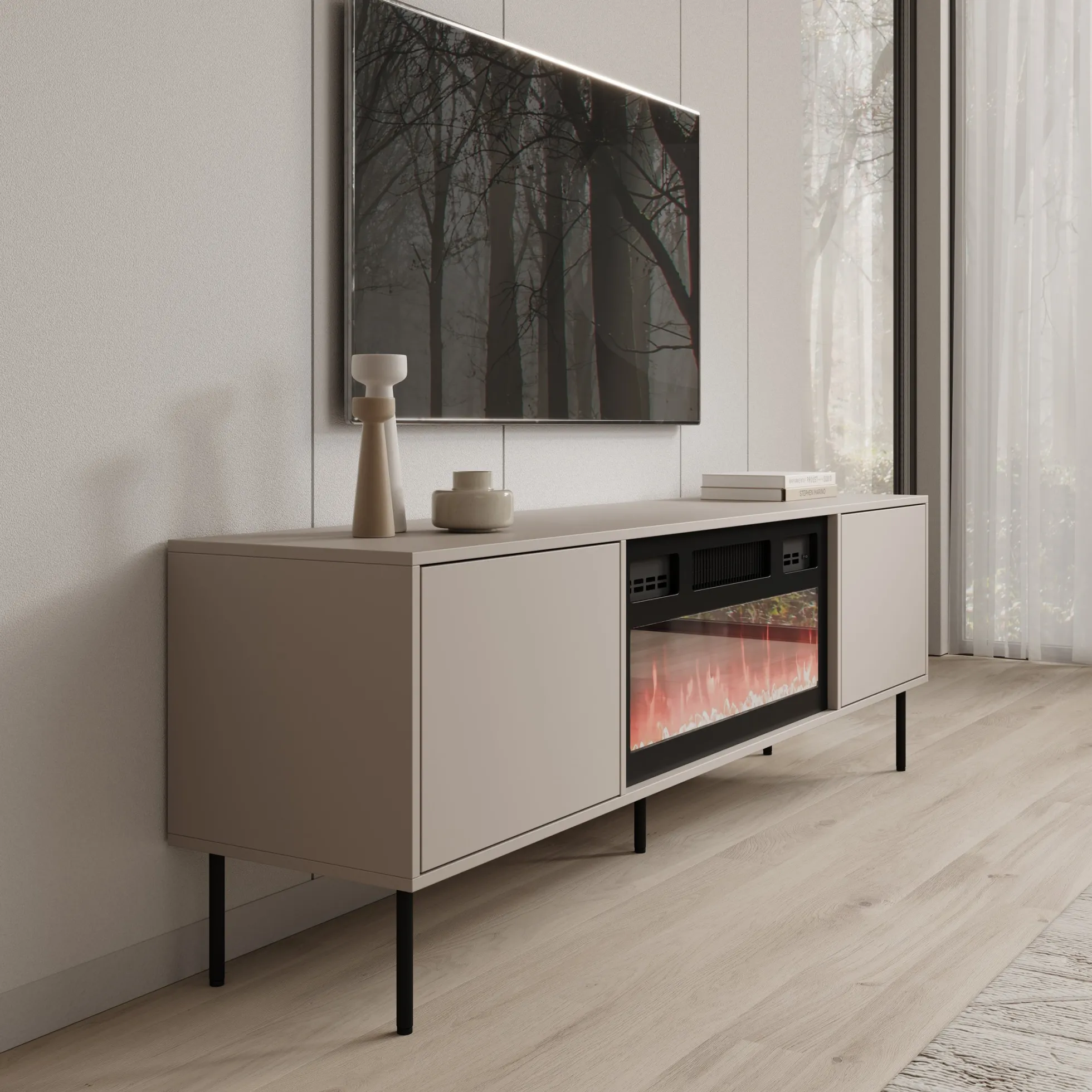 Dimora - TV-Meubel met sfeerhaard - Beige - 183x40x60 cm