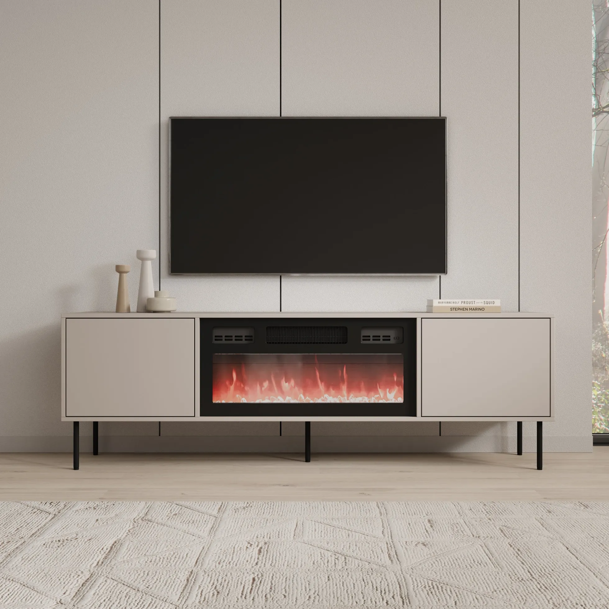 Dimora - TV-Meubel met sfeerhaard - Beige - 183x40x60 cm