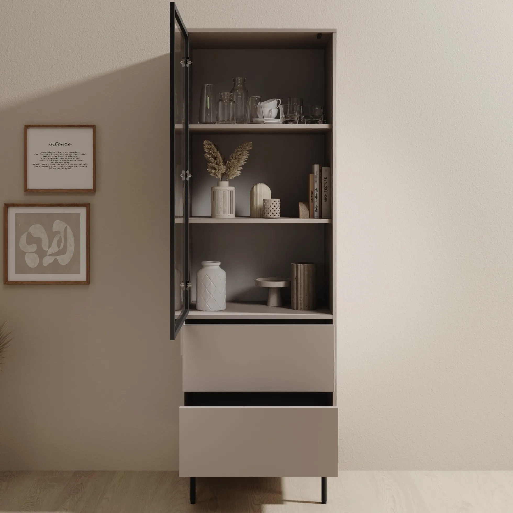 Dimora - Vitrinekast - Beige - 60x40x185 cm
