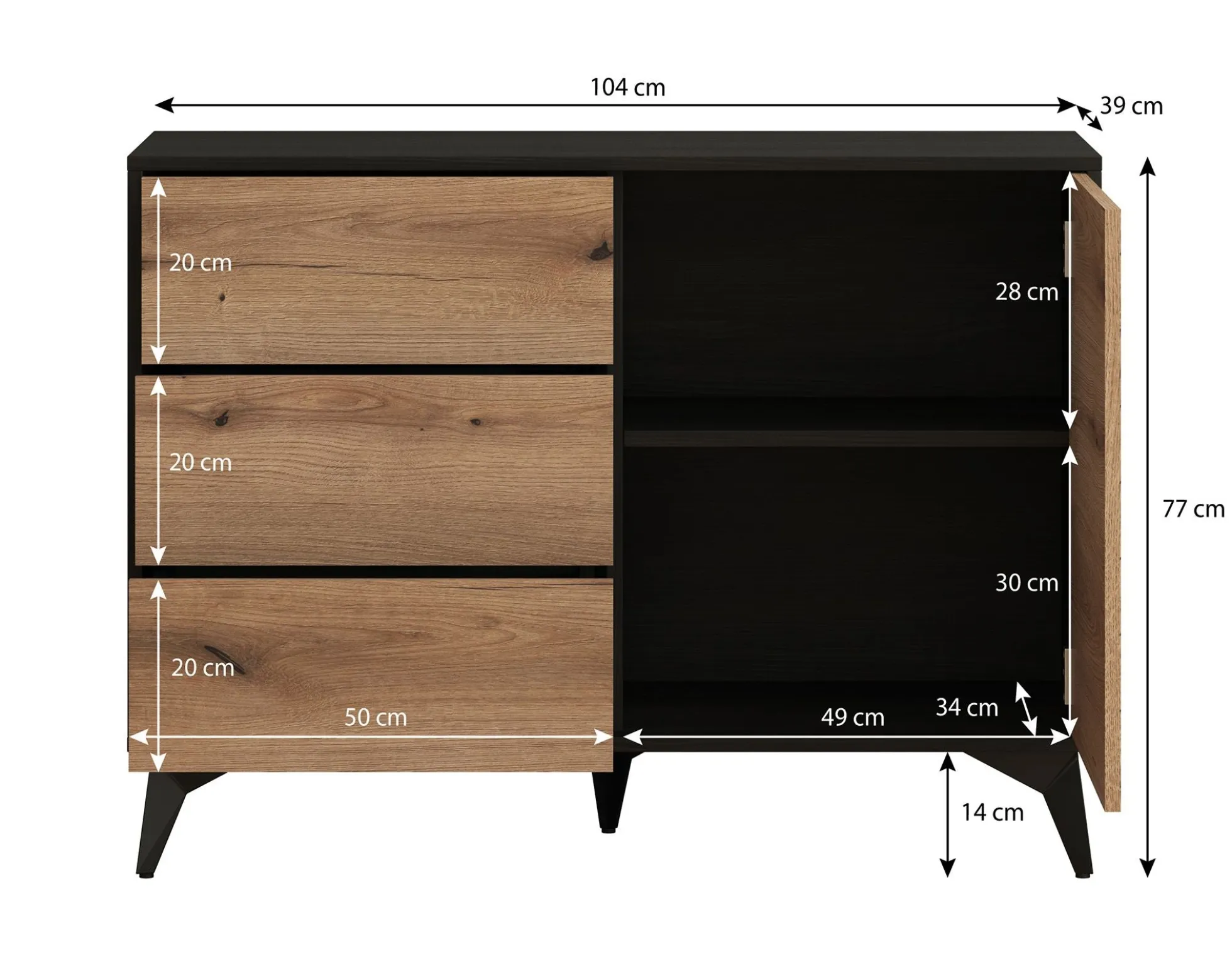 Dolores 3 - Dressoir - Eiken/zwart - 104x39x77 cm