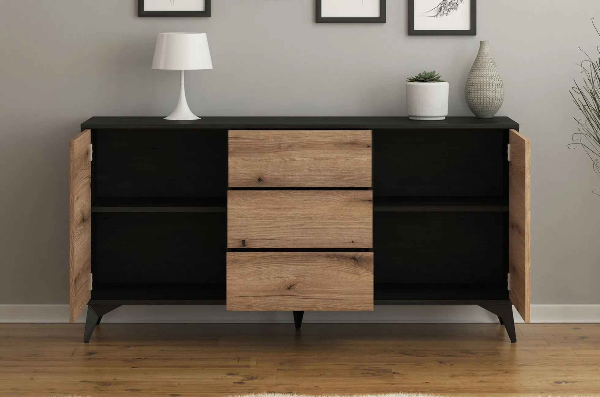 Dolores 4 - Dressoir - Eiken/zwart - 154x39x77 cm