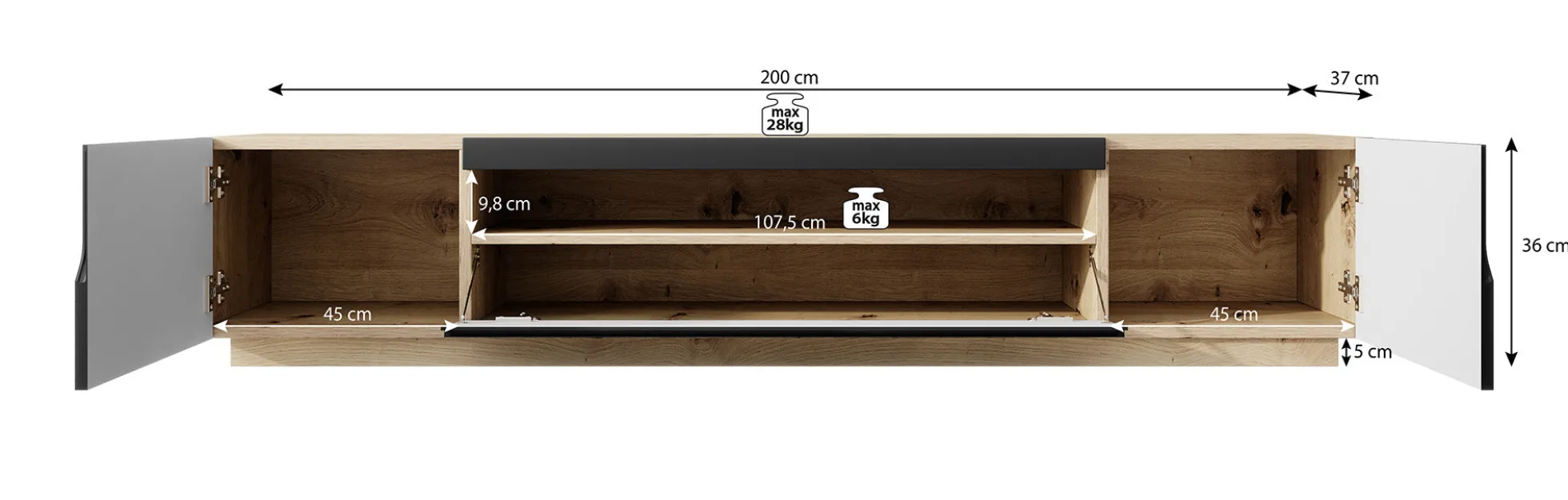 Dylan - TV-Meubel - Mat zwart/eiken - 200 cm