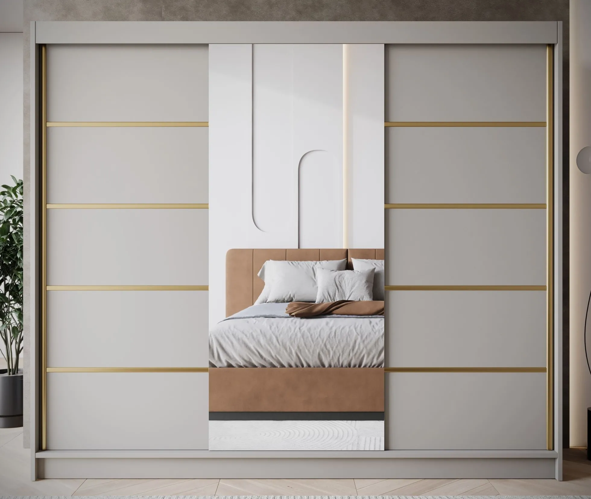 Eagle - Kledingkast met spiegel - Beige - 250x58x215 cm