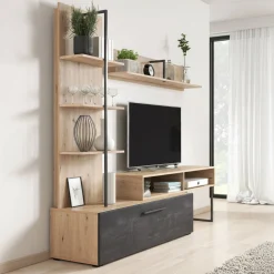 Emerson - Wandmeubel - Zwart/eiken - 205x42x173 cm