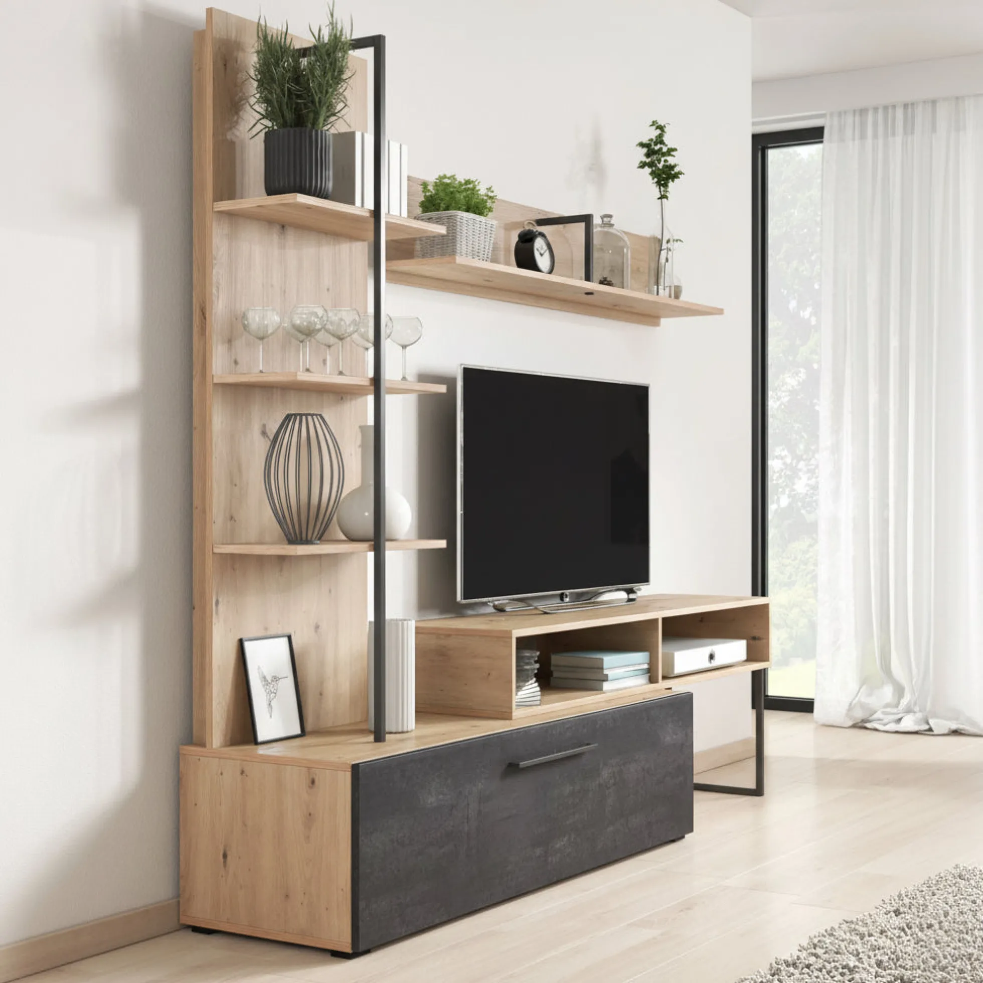 Emerson - Wandmeubel - Zwart/eiken - 205x42x173 cm