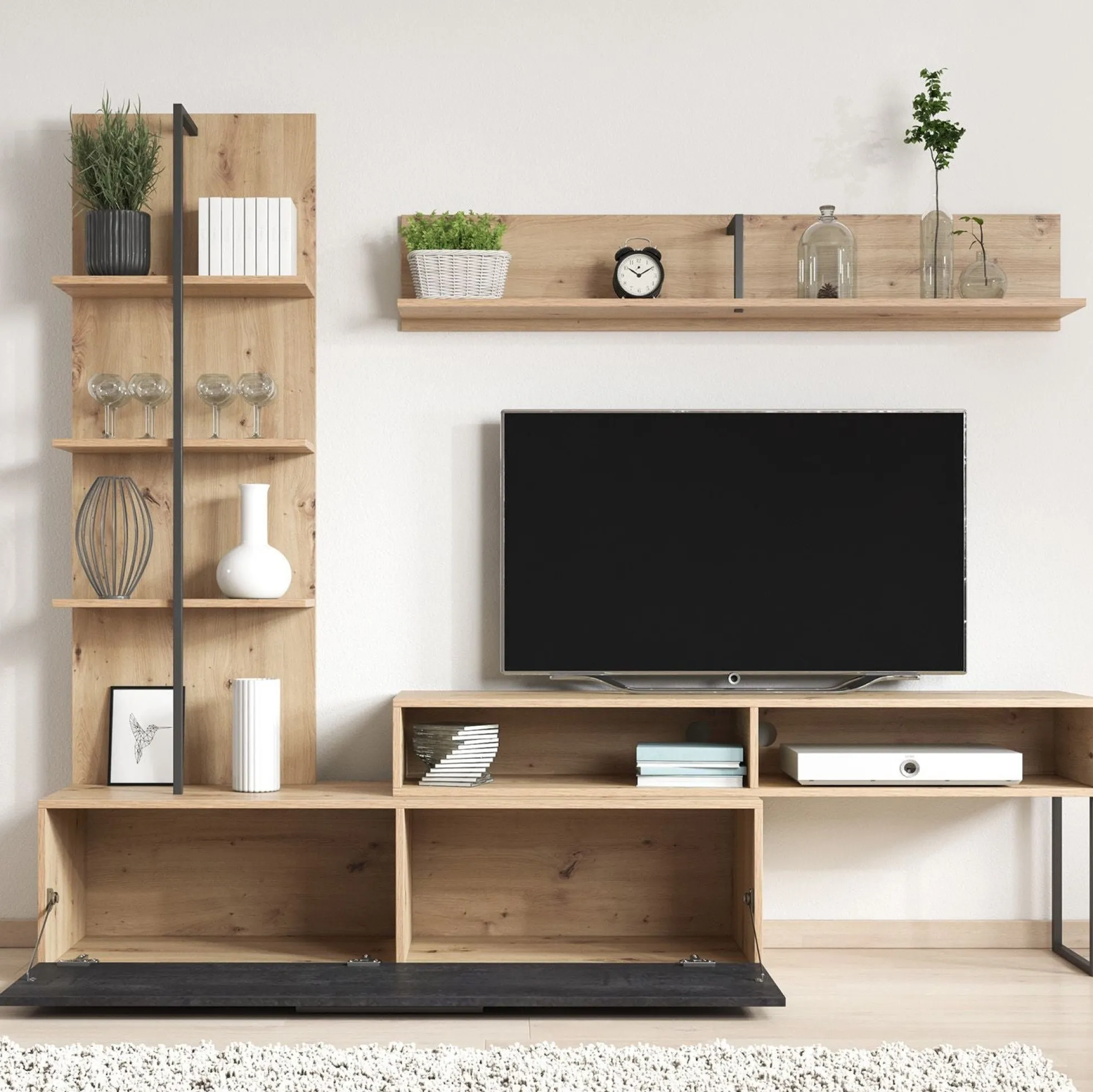 Emerson - Wandmeubel - Zwart/eiken - 205x42x173 cm