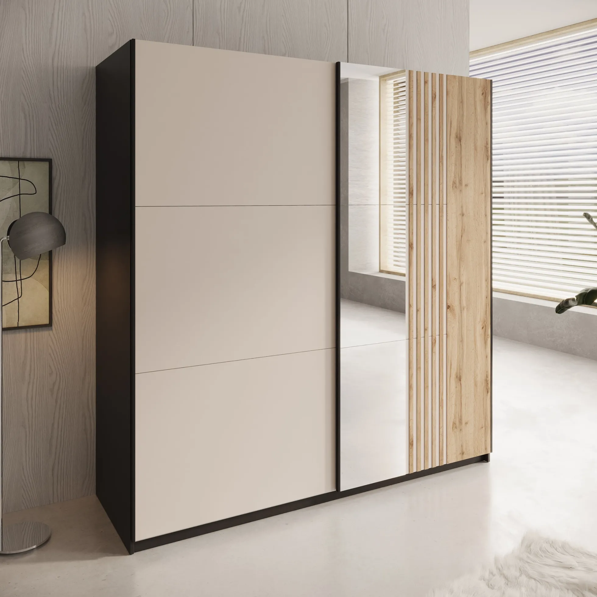 Enso - Kledingkast met schuifdeuren - Beige/Zwart - 203x65x215 cm