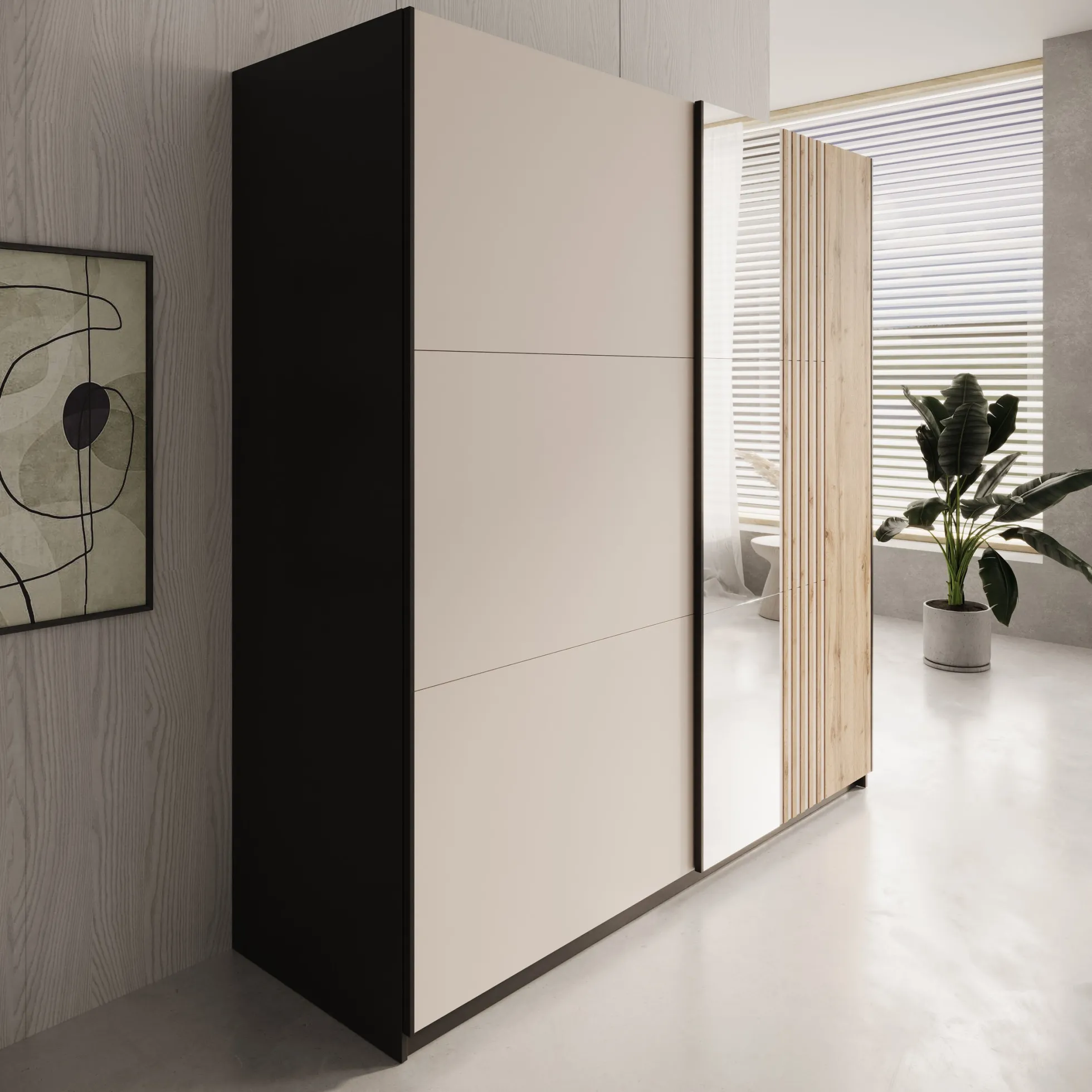 Enso - Kledingkast met schuifdeuren - Beige/Zwart - 203x65x215 cm
