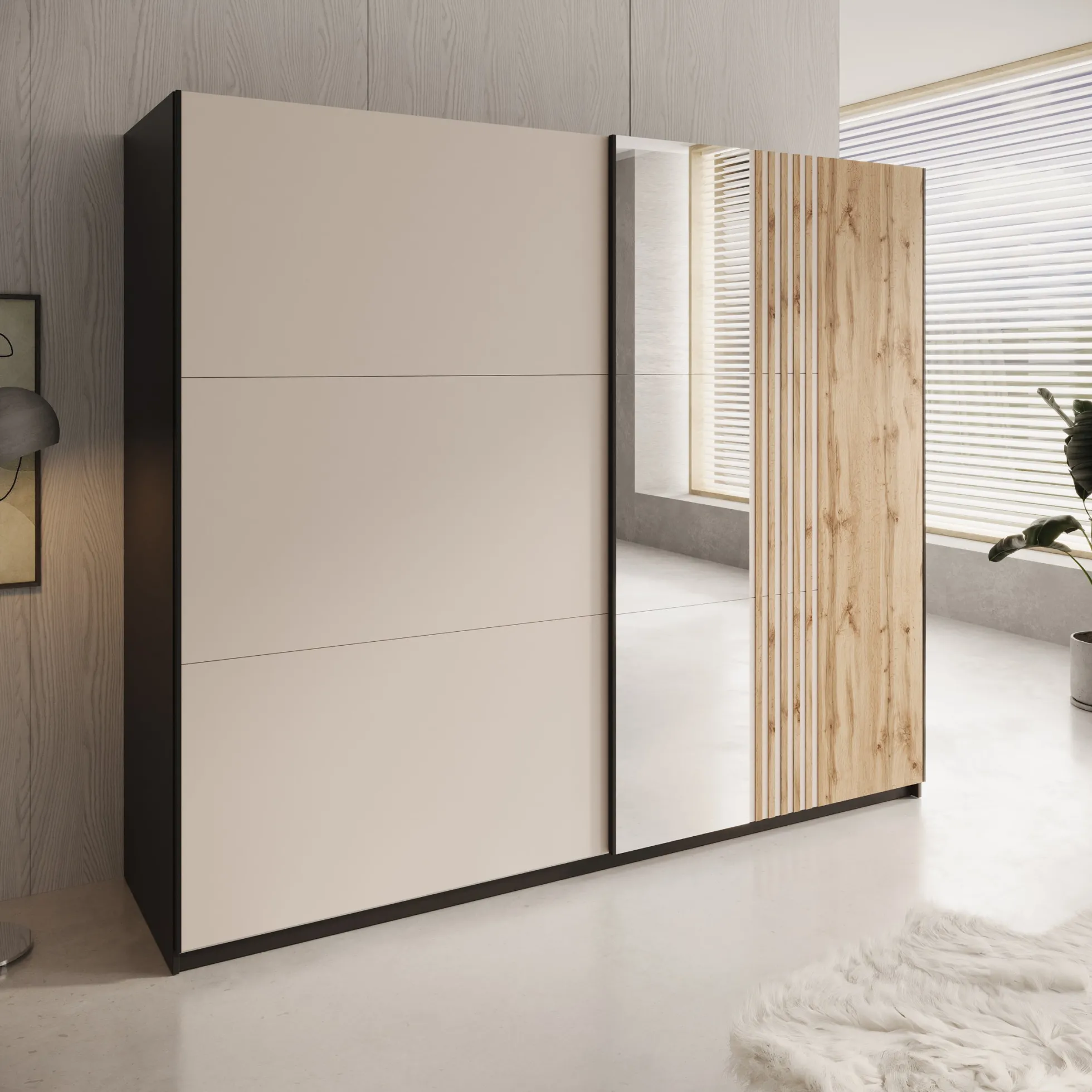 Enso - Kledingkast met schuifdeuren - Beige/Zwart - 250x65x215 cm