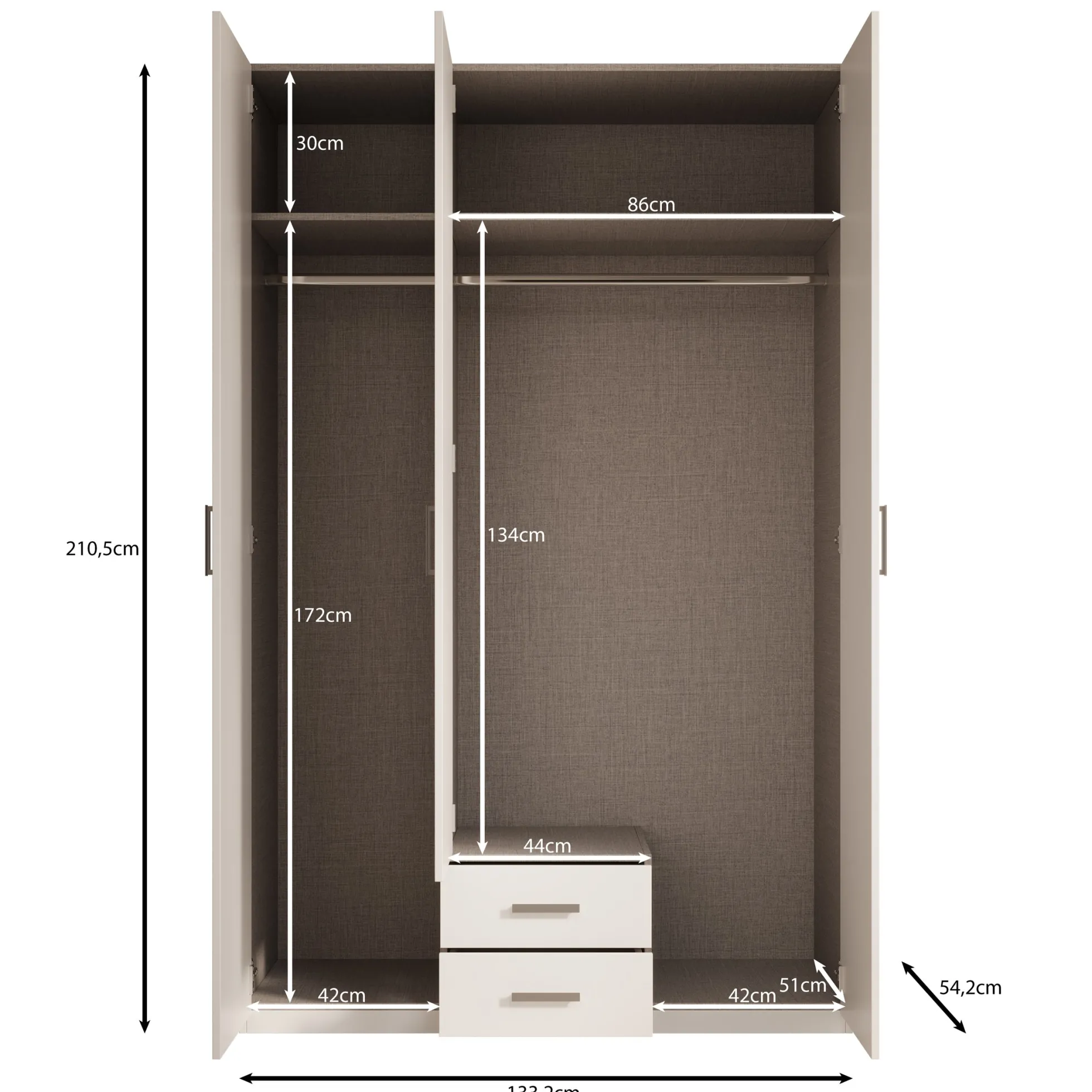 Enzio - Kledingkast 3 deurs - Wit - 133x54x211 cm