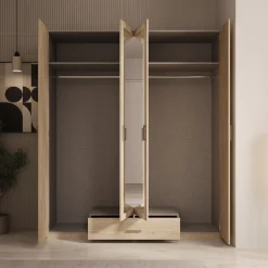 Enzio - Kledingkast 4 deurs met spiegel - Eikenpatroon - 178x54x211 cm