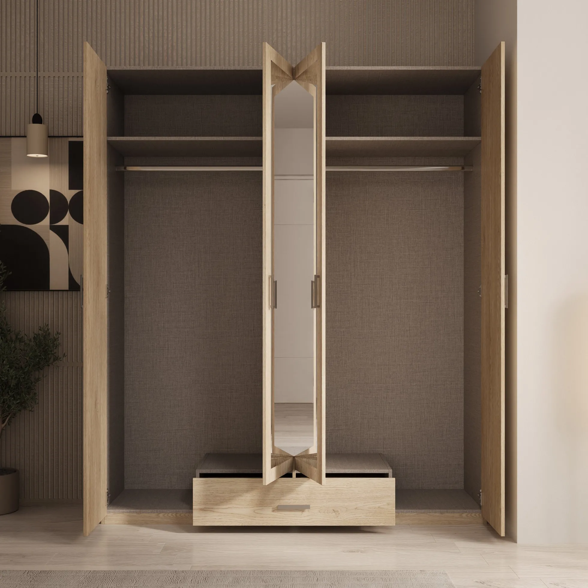 Enzio - Kledingkast 4 deurs met spiegel - Eikenpatroon - 178x54x211 cm