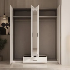 Enzio - Kledingkast 4 deurs met spiegel - Wit - 178x54x211 cm