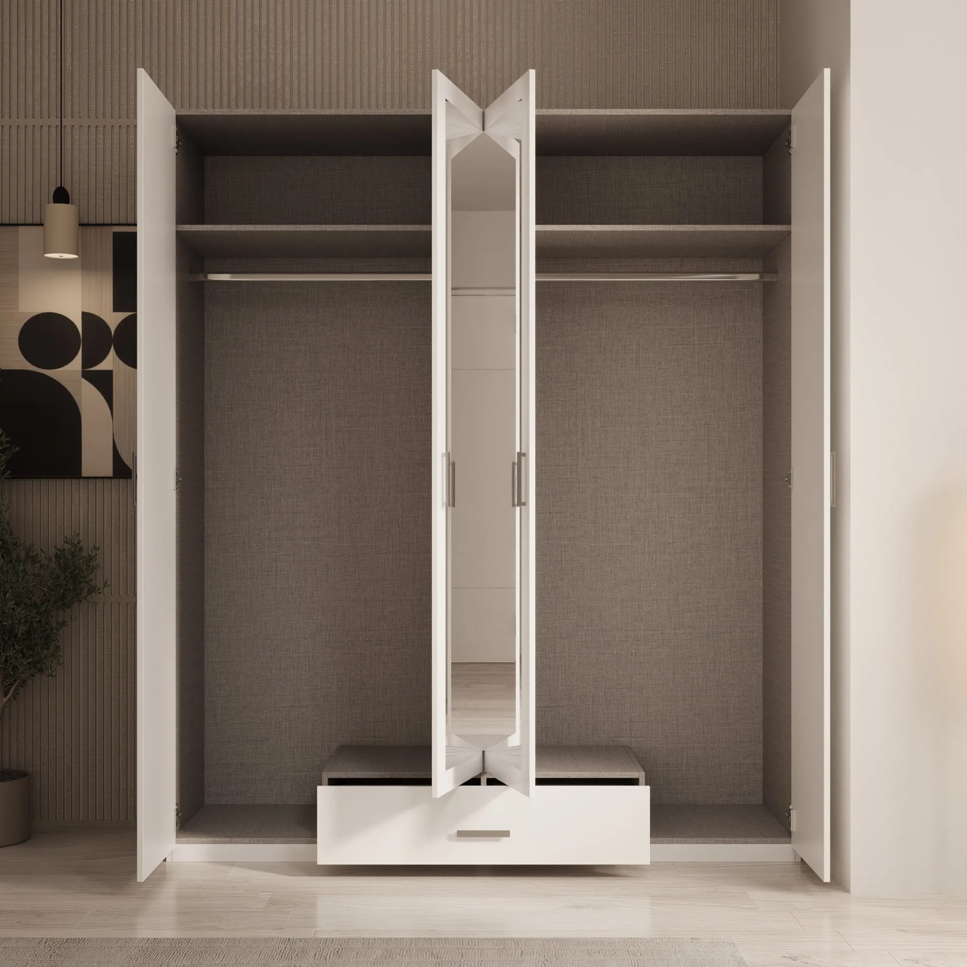 Enzio - Kledingkast 4 deurs met spiegel - Wit - 178x54x211 cm