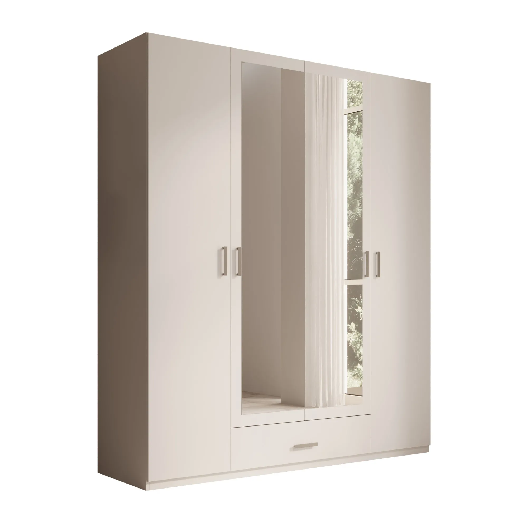 Enzio - Kledingkast 4 deurs met spiegel - Wit - 178x54x211 cm