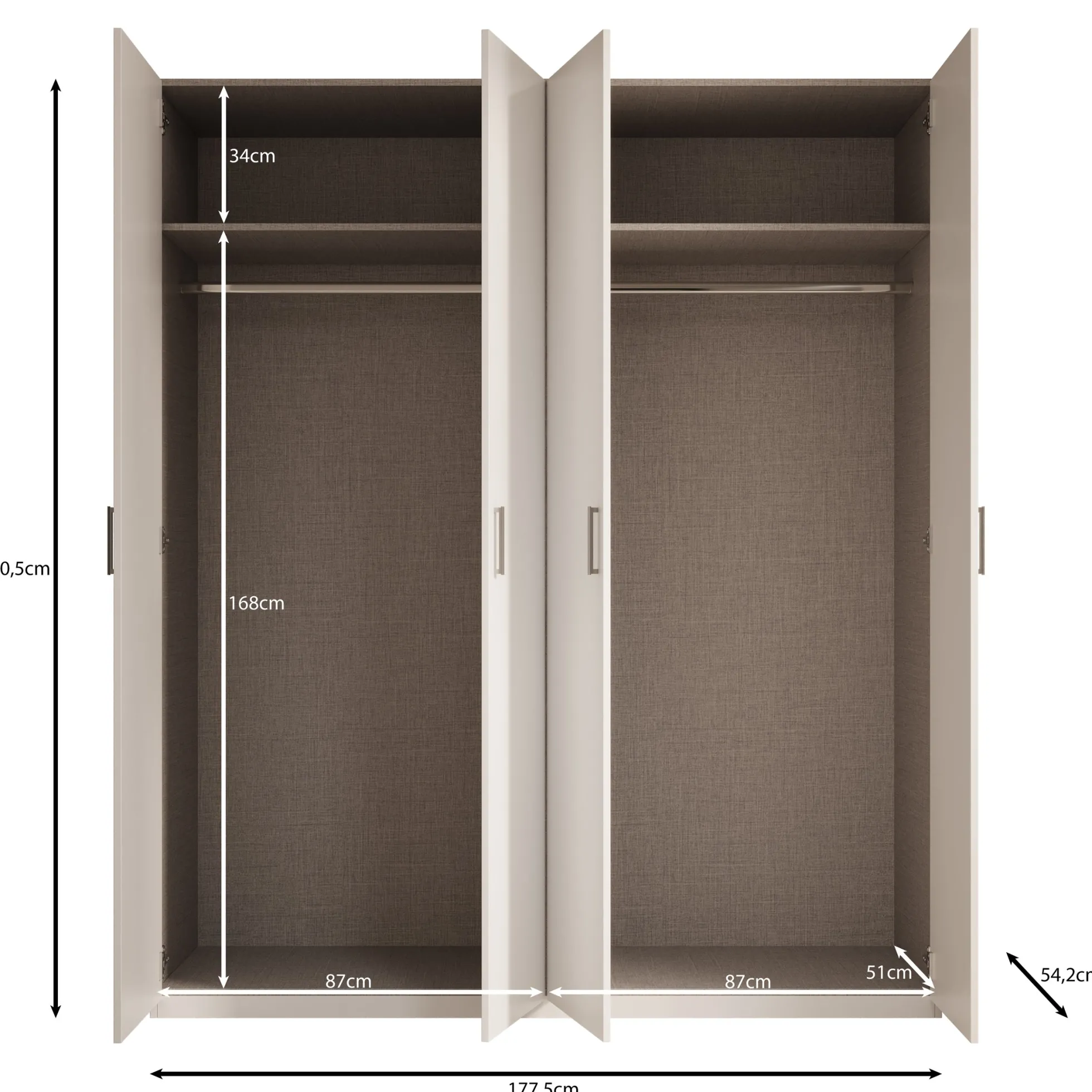 Enzio - Kledingkast 4 deurs - Wit - 178x54x211 cm