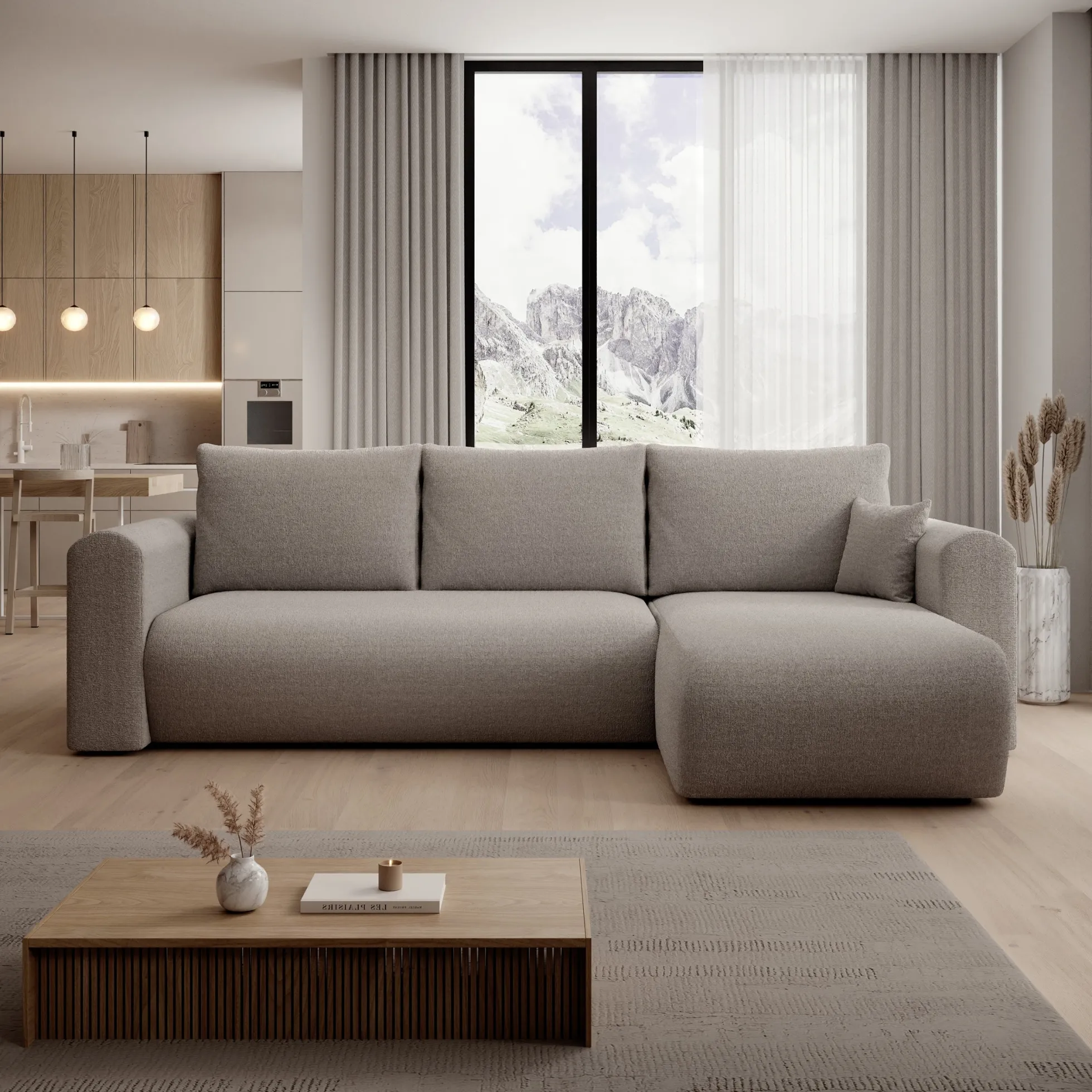 Esencia - Hoekbank 3-zits met chaise longue - Stof beige - 252x158x80