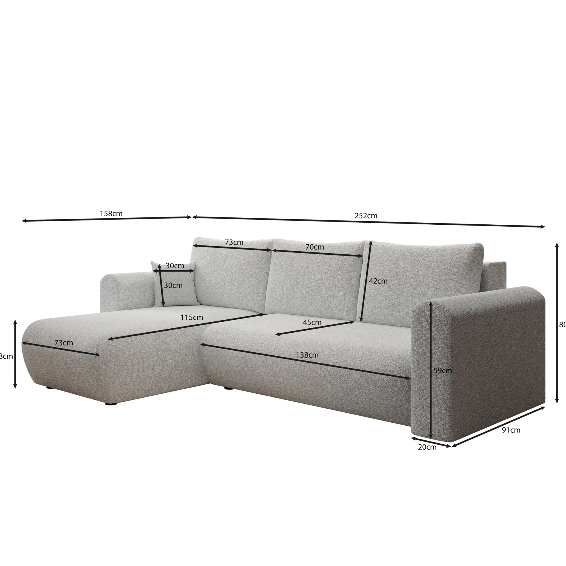 Esencia - Hoekbank 3-zits met chaise longue - Stof grijs - 252x158x80