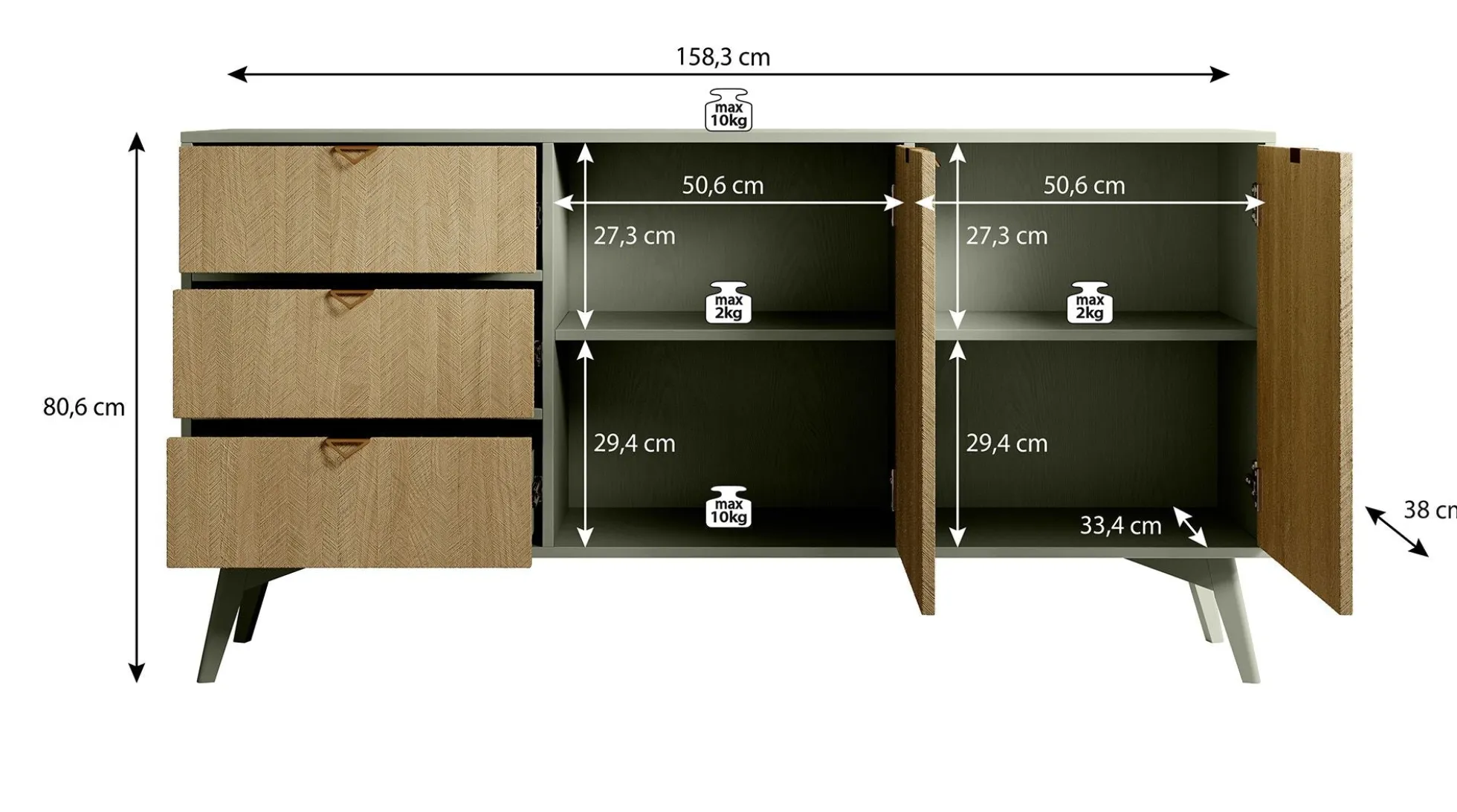 Essence - Dressoir - Groen/licht eiken - 158x38x81 cm