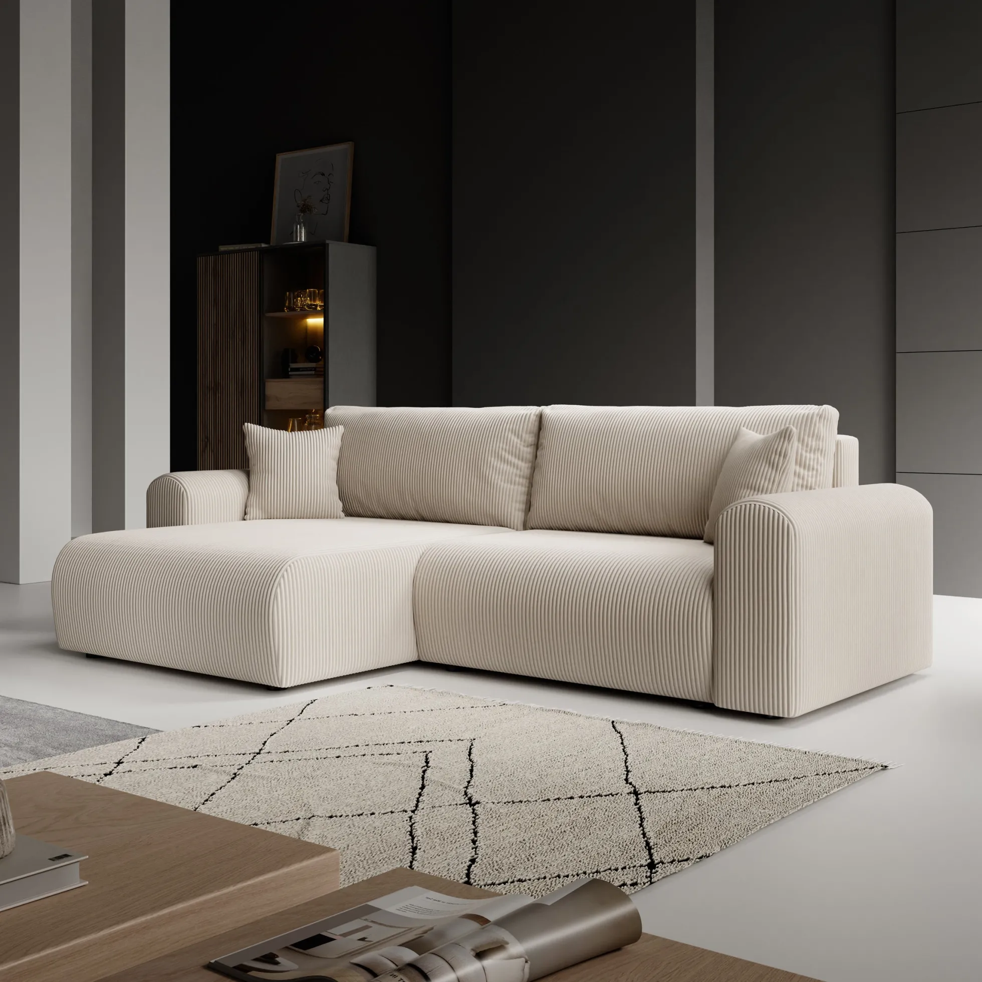 Fayel - Hoekbank 2-zits met chaise longue - Ribstof beige