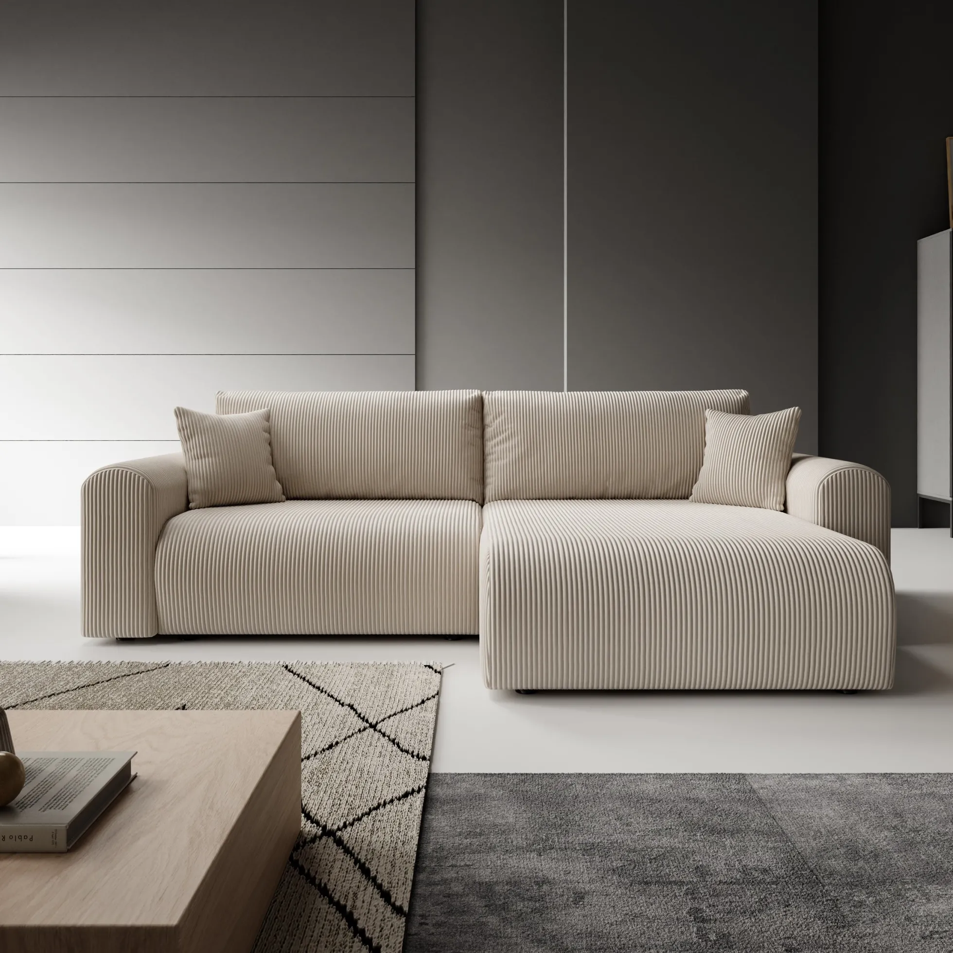 Fayel - Hoekbank 2-zits met chaise longue - Ribstof beige