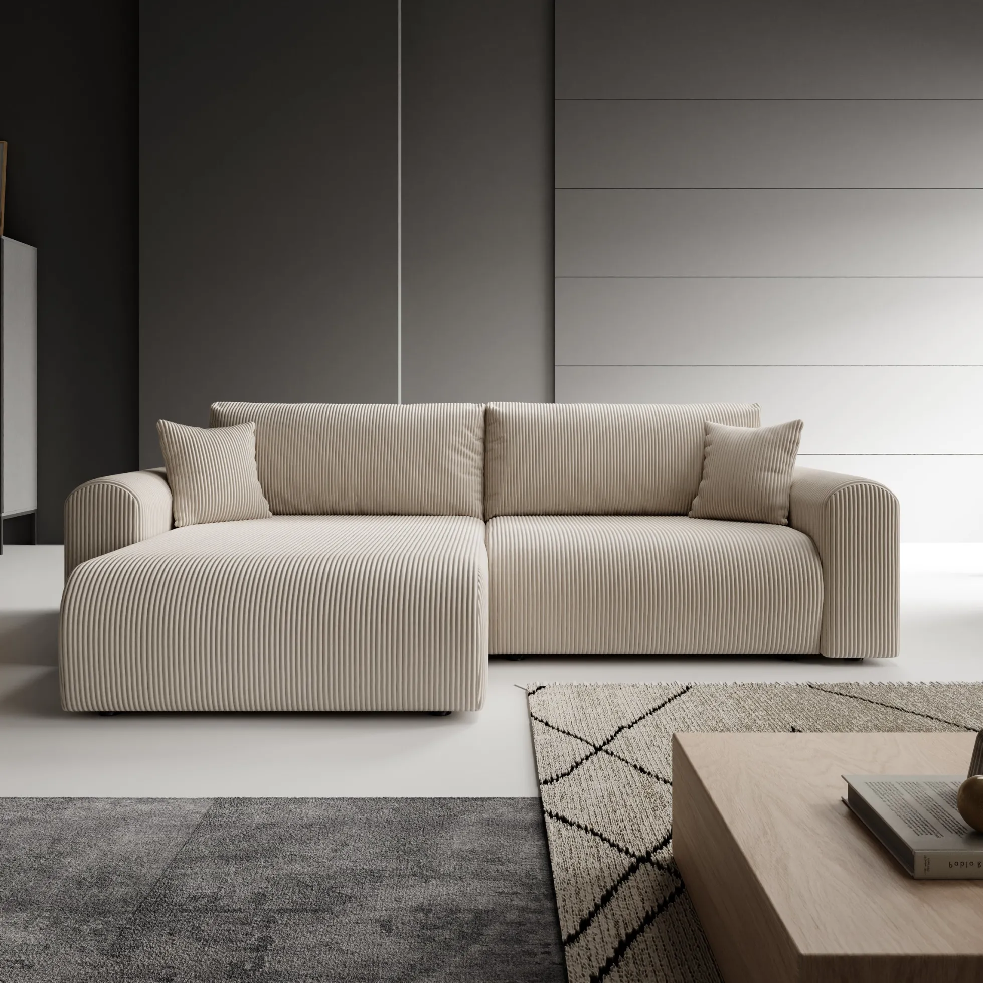 Fayel - Hoekbank 2-zits met chaise longue - Ribstof beige