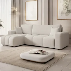 Feather - Hoekbank 3-zits met chaise longue - Teddystof wit - Universe