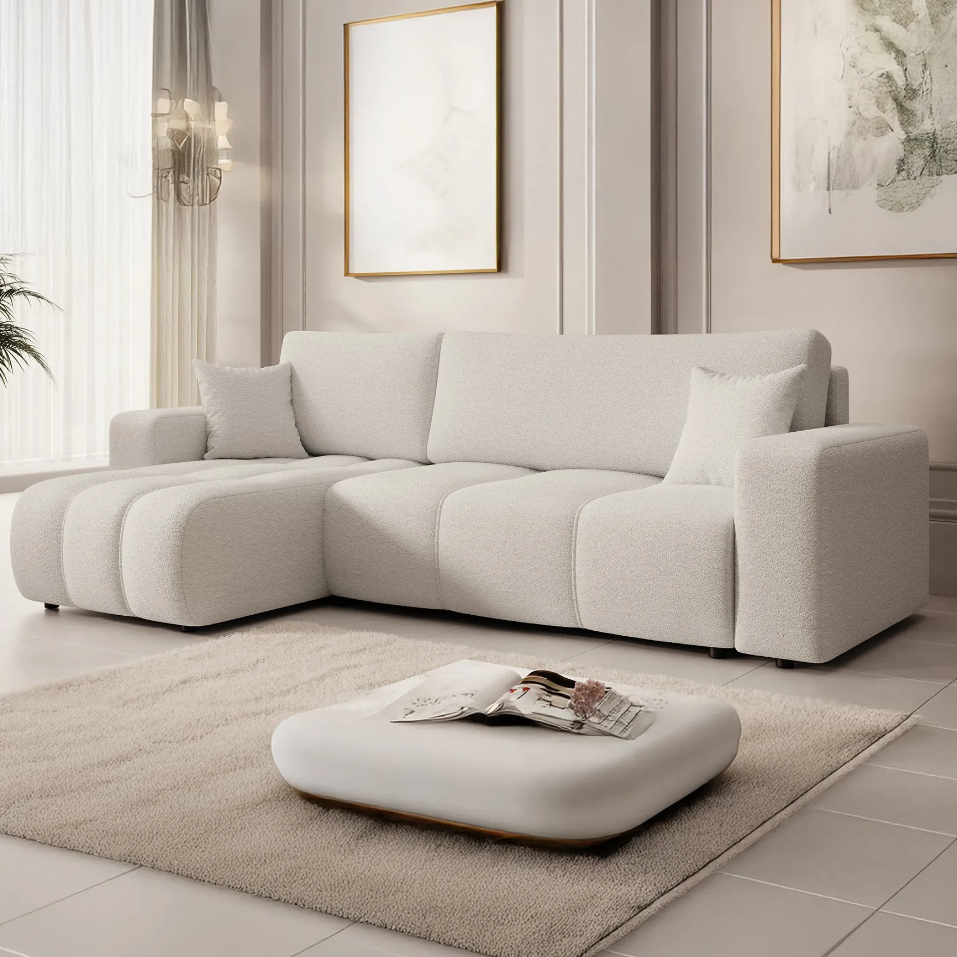Feather - Hoekbank 3-zits met chaise longue - Teddystof wit - Universe