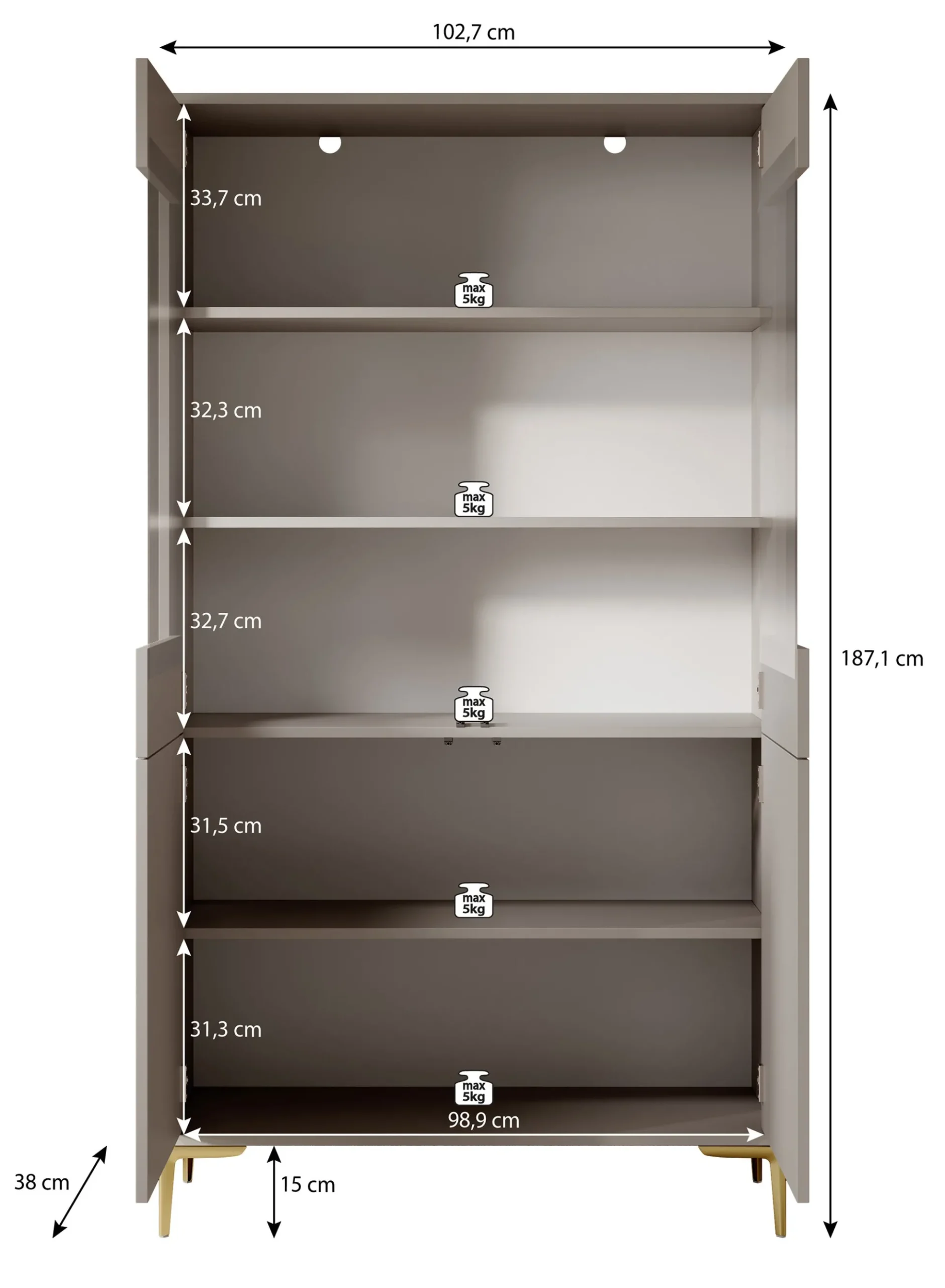 Five - Vitrinekast - Beige - 103x38x187 cm